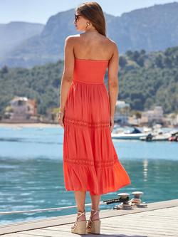 Sosandar Crinkle Lace Detail Tiered Cotton Bandeau Dress - view 2, Coral
