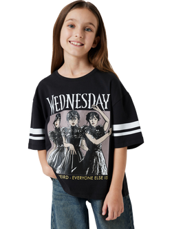 NAME IT Kids' Cotton Wednesday Addams T-Shirt, Black, Black