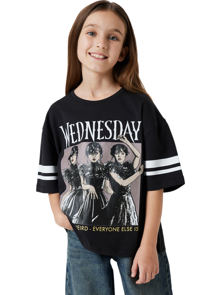 NAME IT Kids' Cotton Wednesday Addams T-Shirt, Black, Black