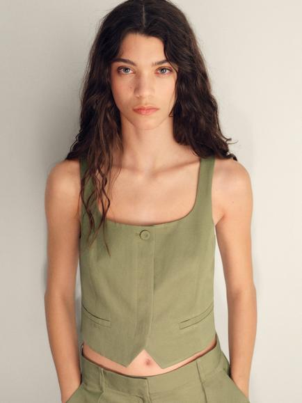 Mango Max Single Button Waistcoat, Khaki