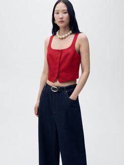 Mango Max Linen Blend Square Neck Waistcoat, Dark Red