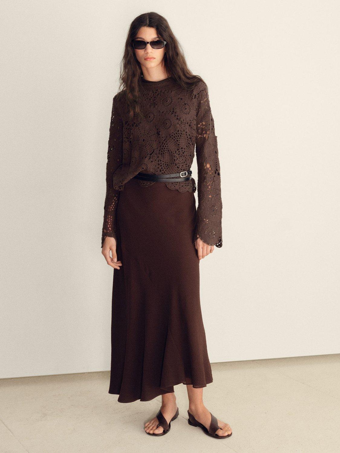Product image 2 of 7, which shows Mango Garden Crochet Floral Top, Dark Brown, M