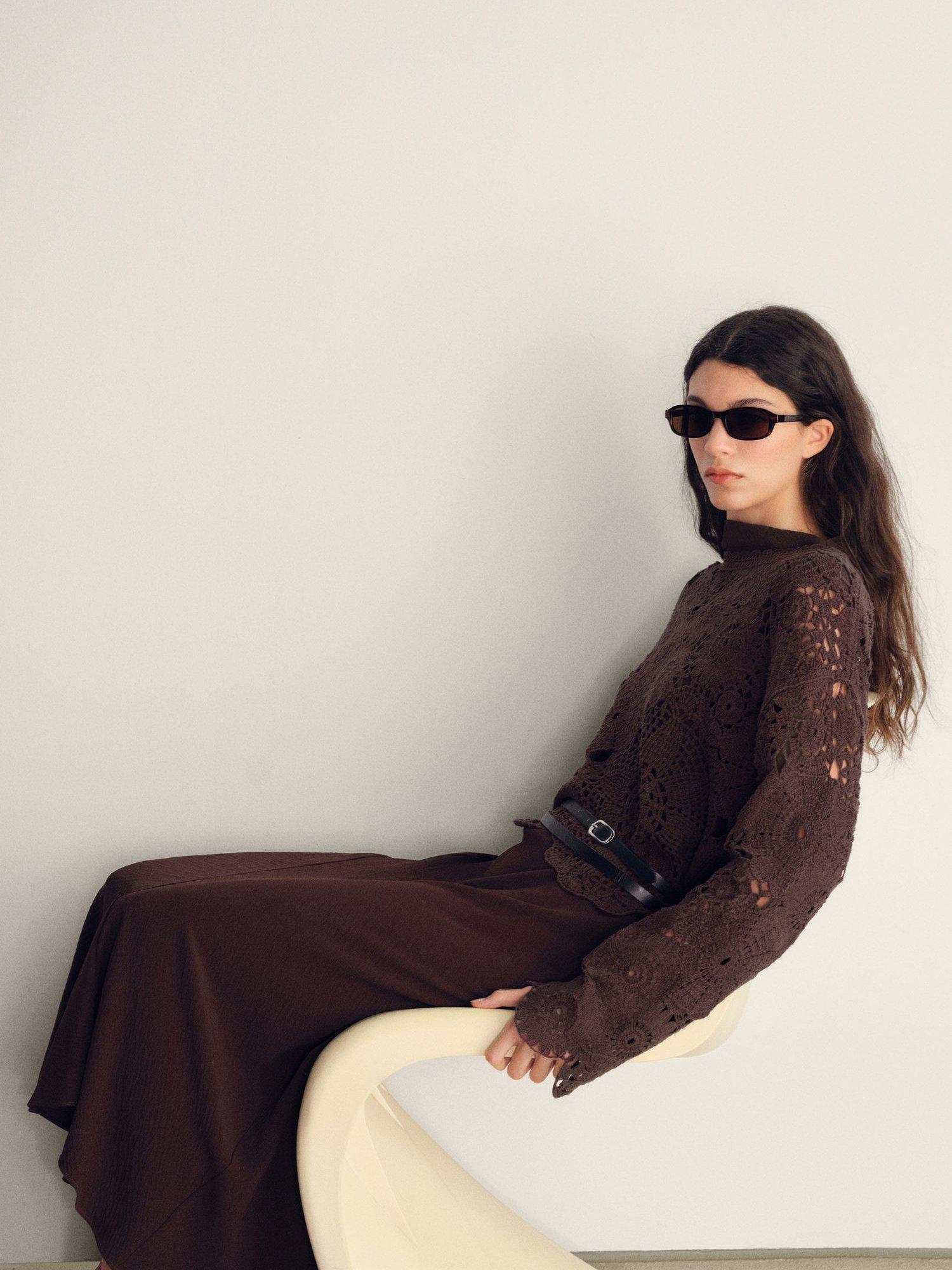 Product image 6 of 7, which shows Mango Garden Crochet Floral Top, Dark Brown, M