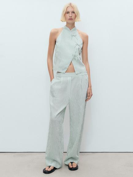 Mango Lauri Stripe Wrap Top, Green, Green