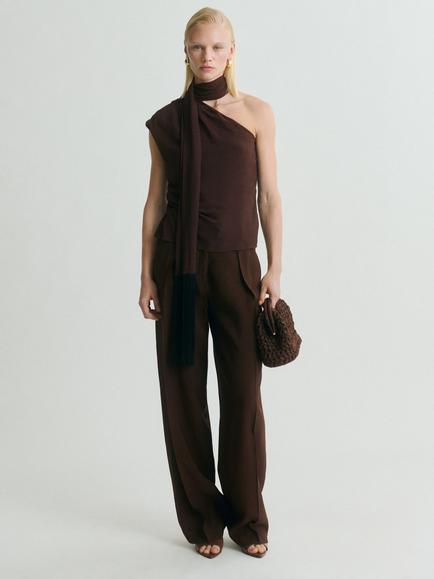 Mango Grace Pleat Detail Trousers, Dark Brown, Dark Brown