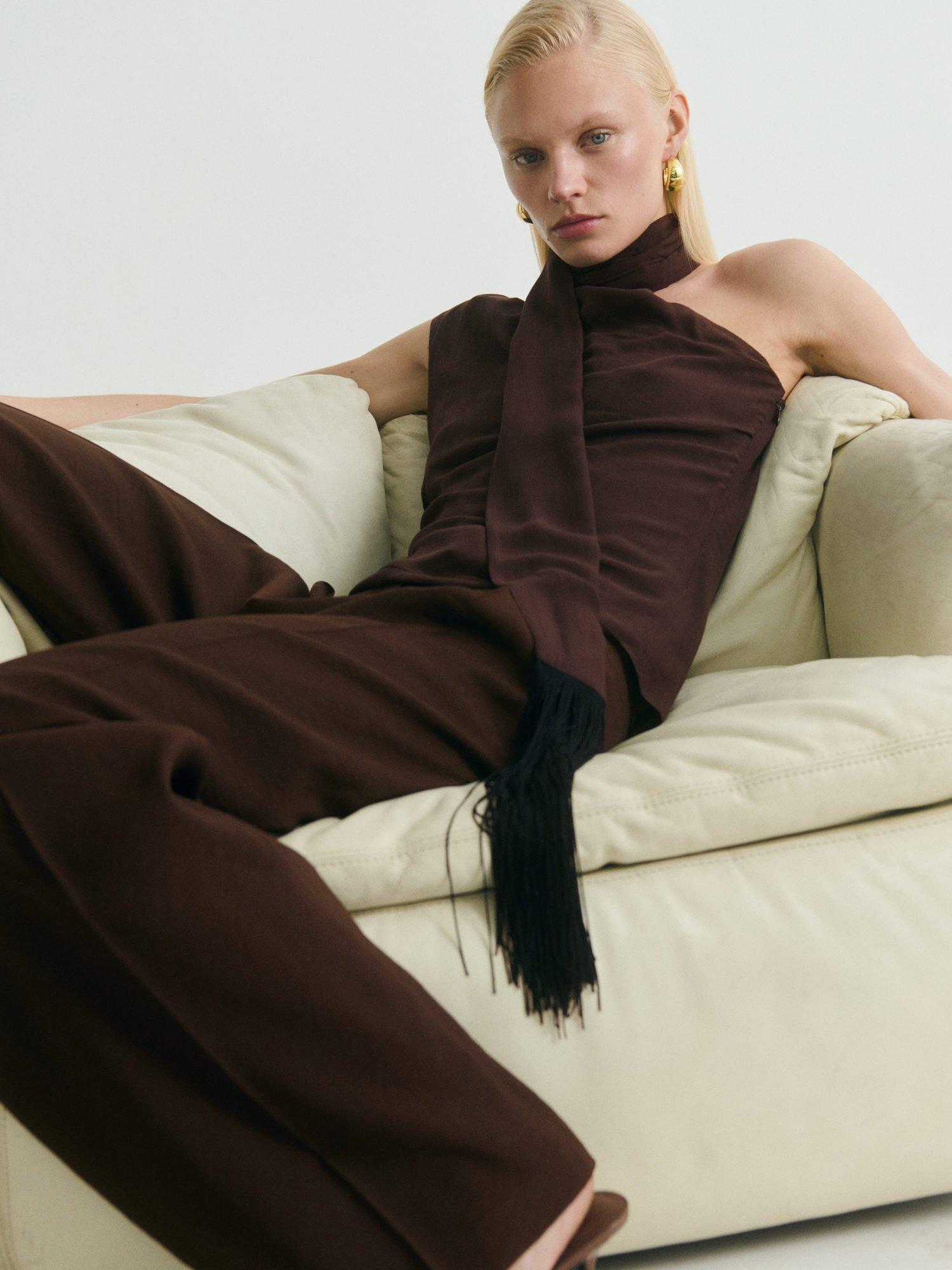 Product image 6 of 7, which shows Mango Grace Pleat Detail Trousers, Dark Brown, 4