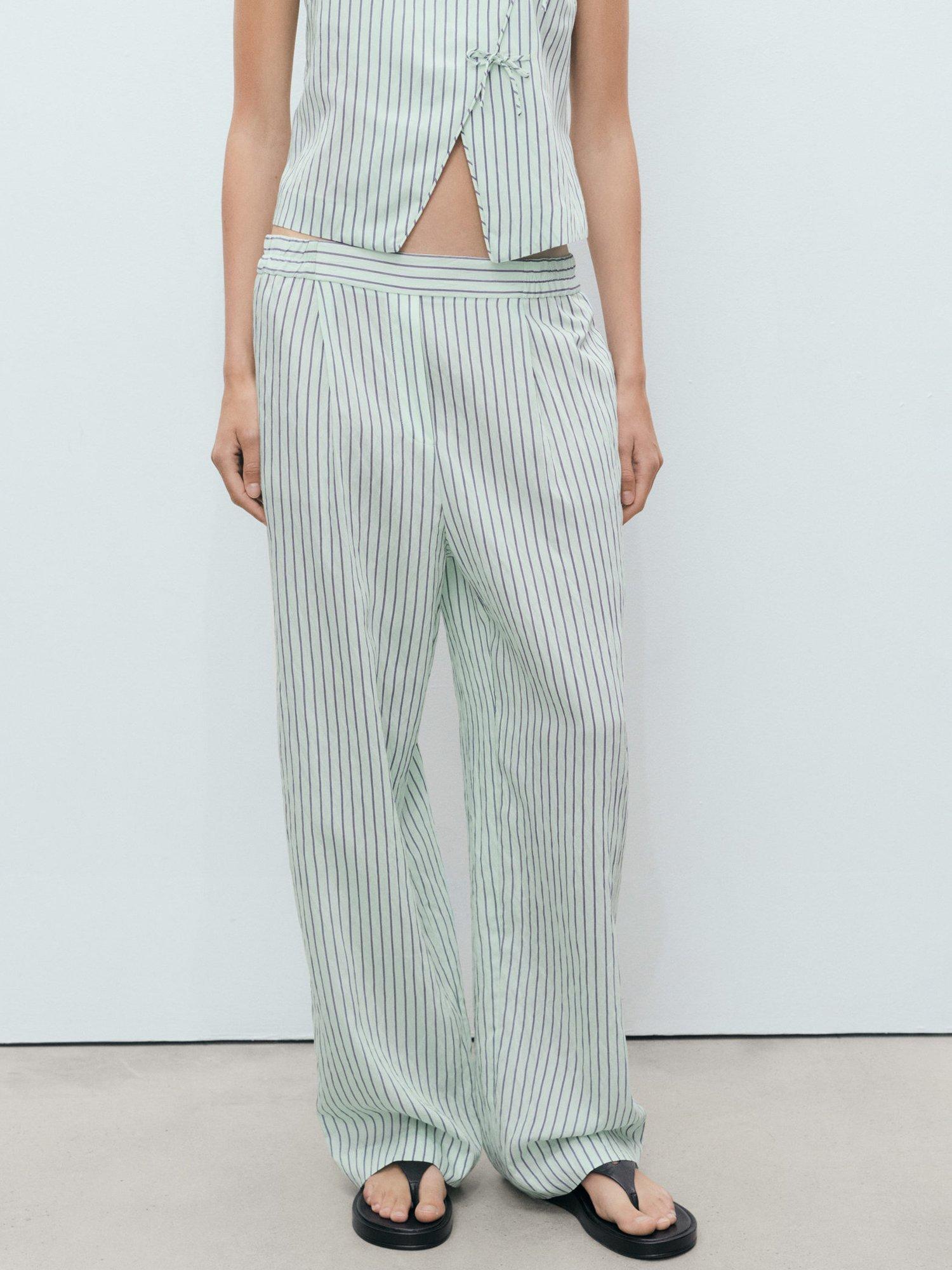 Product image 1 of 7, which shows Mango Lauri Stripe Wide Leg Trousers, Green, L