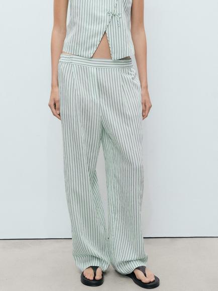 Mango Lauri Stripe Wide Leg Trousers, Green, Green