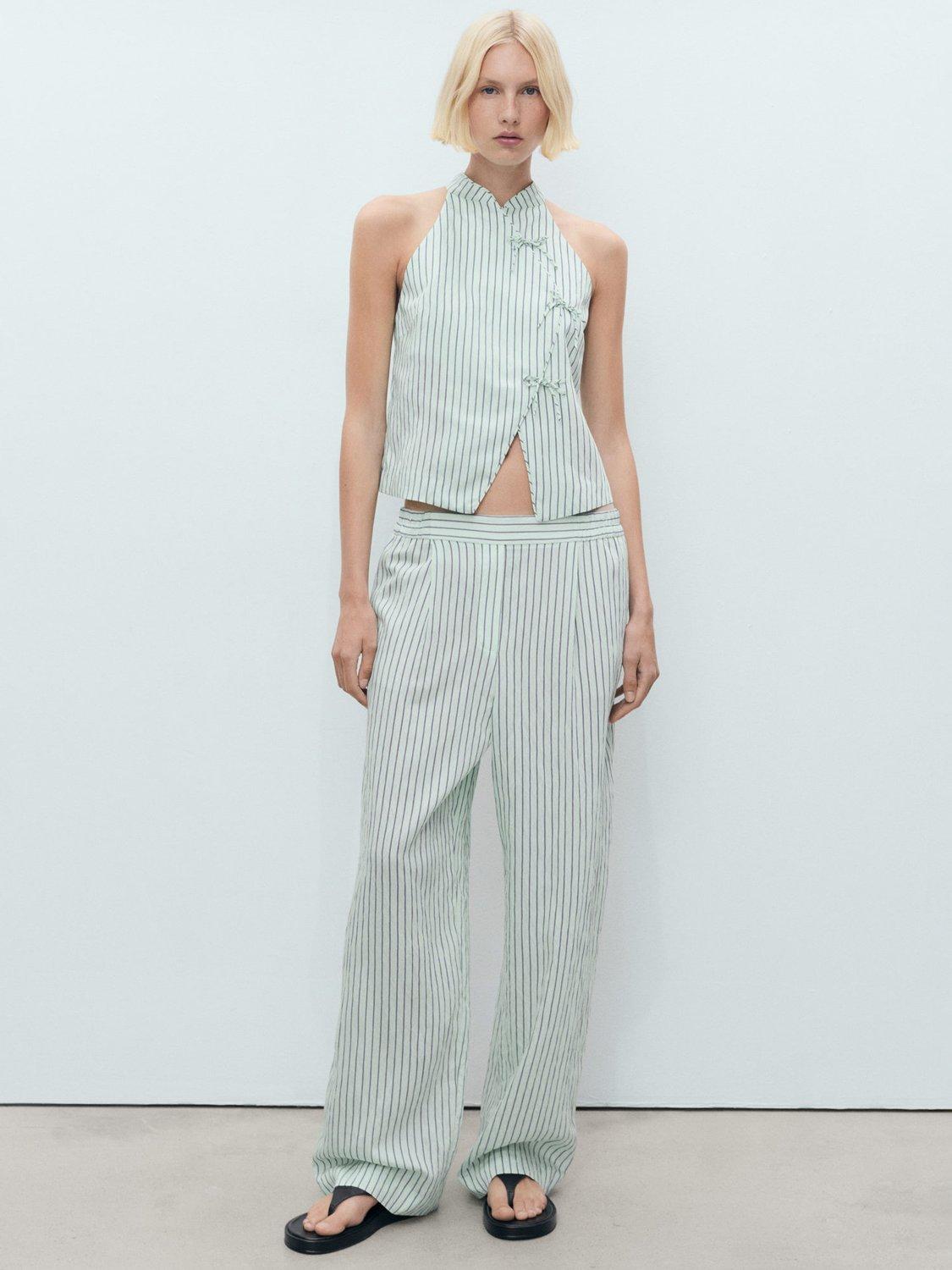 Product image 2 of 7, which shows Mango Lauri Stripe Wide Leg Trousers, Green, L