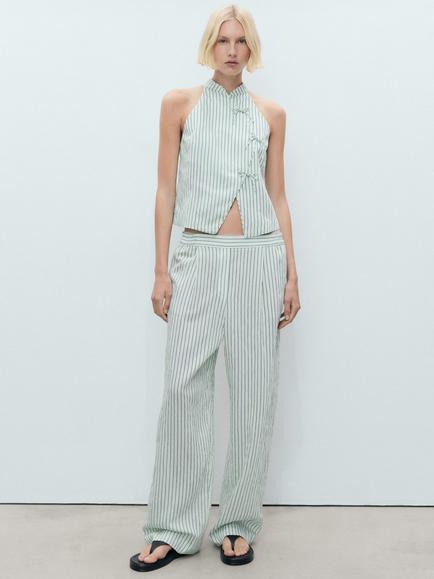 Mango Lauri Stripe Wide Leg Trousers, Green - view 2, Green