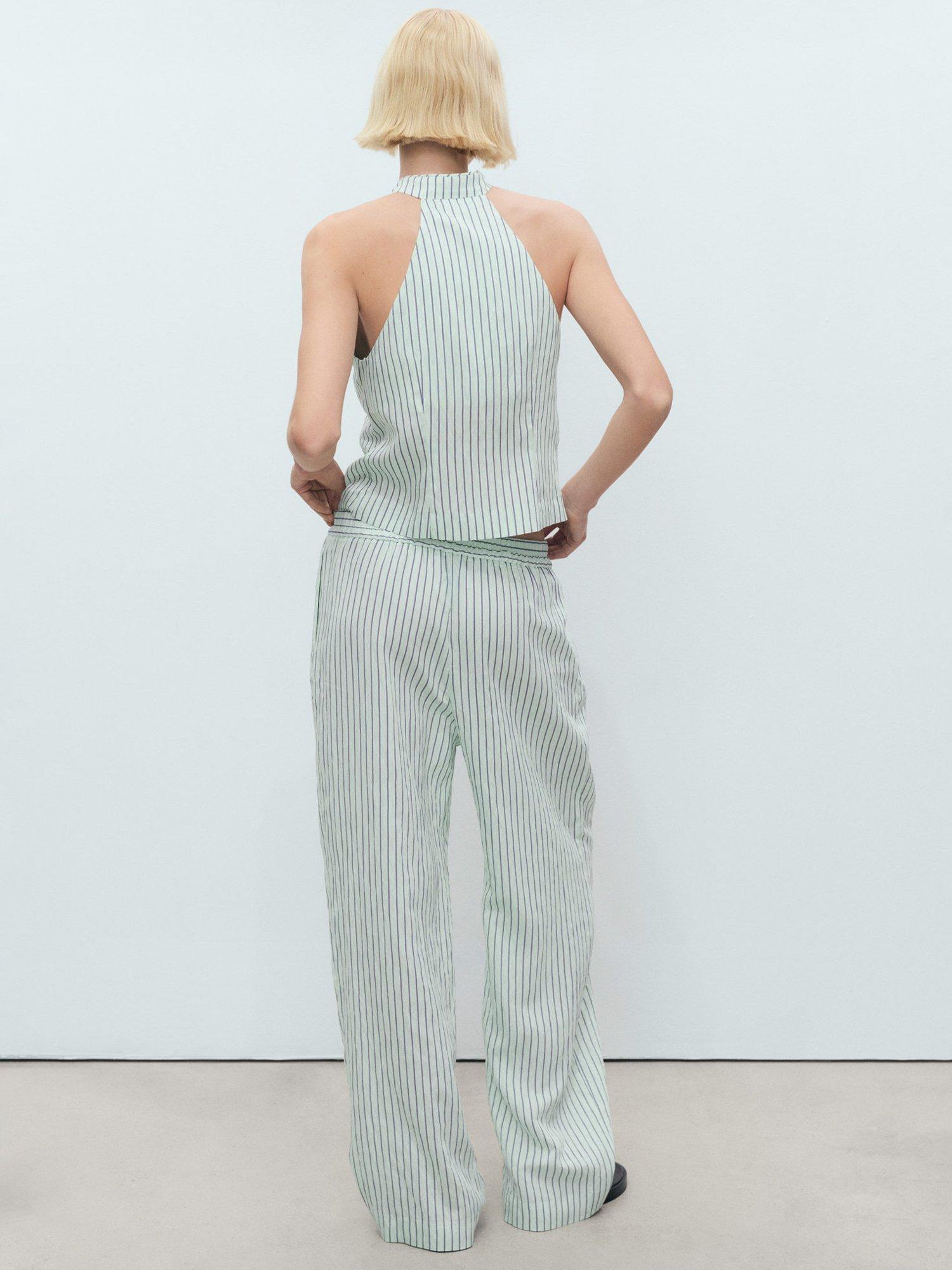 Product image 4 of 7, which shows Mango Lauri Stripe Wide Leg Trousers, Green, L