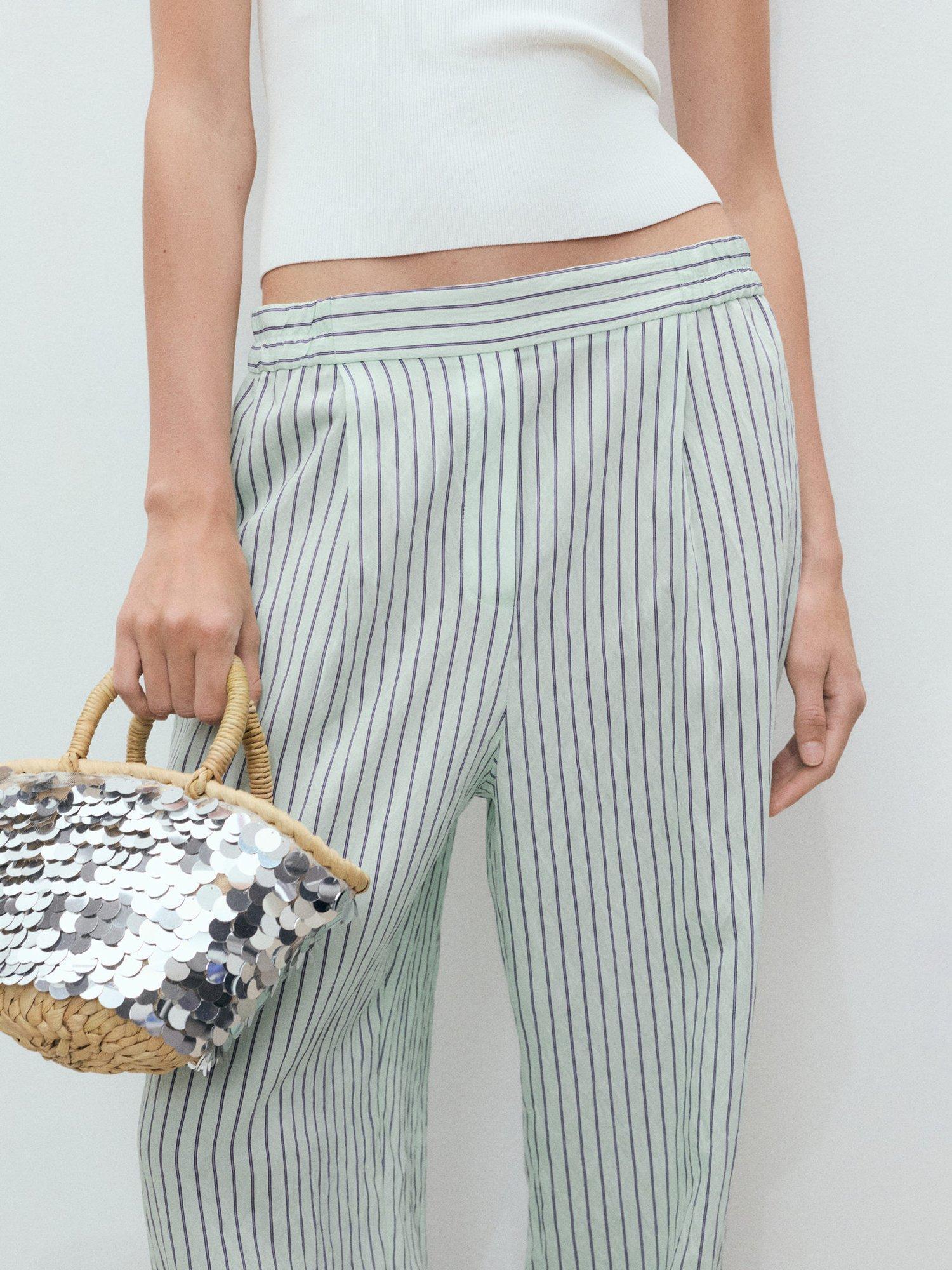 Product image 6 of 7, which shows Mango Lauri Stripe Wide Leg Trousers, Green, L