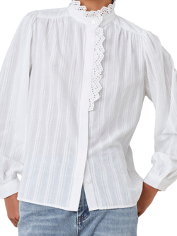 SUNCOO Lace Detail Voile Stripe Cotton Blouse, White - view 2, White