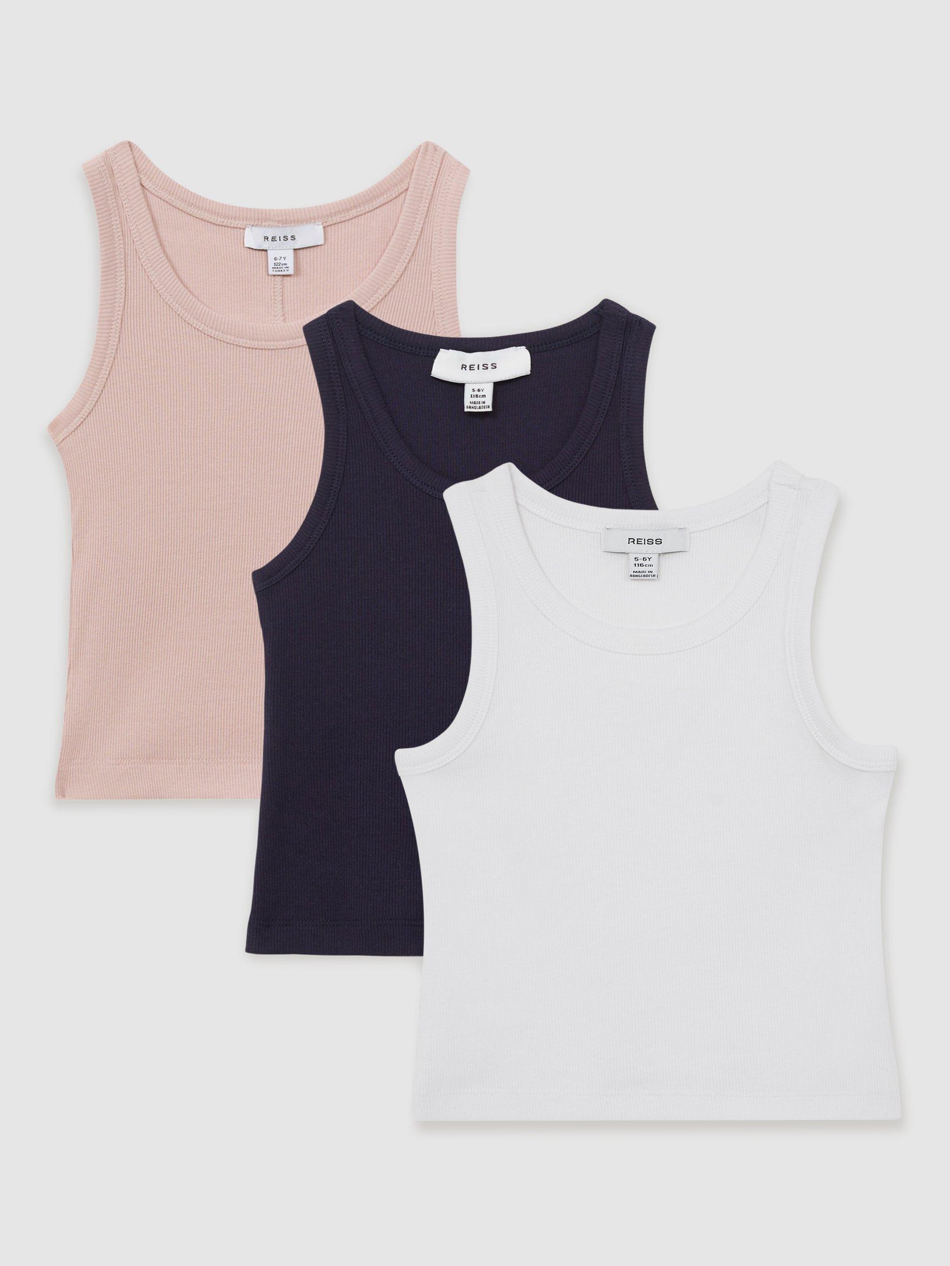 Product image 1 of 5, which shows Reiss Kids' Violet Ribbed Vests, Pack of 3, Pink/Navy/White, 4-5 years