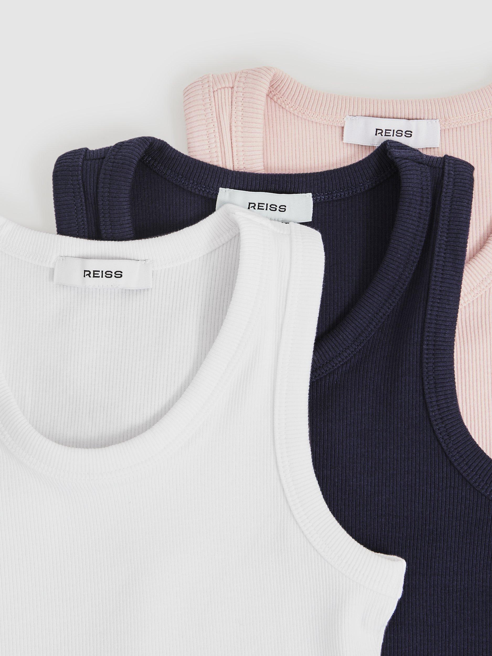 Product image 5 of 5, which shows Reiss Kids' Violet Ribbed Vests, Pack of 3, Pink/Navy/White, 4-5 years