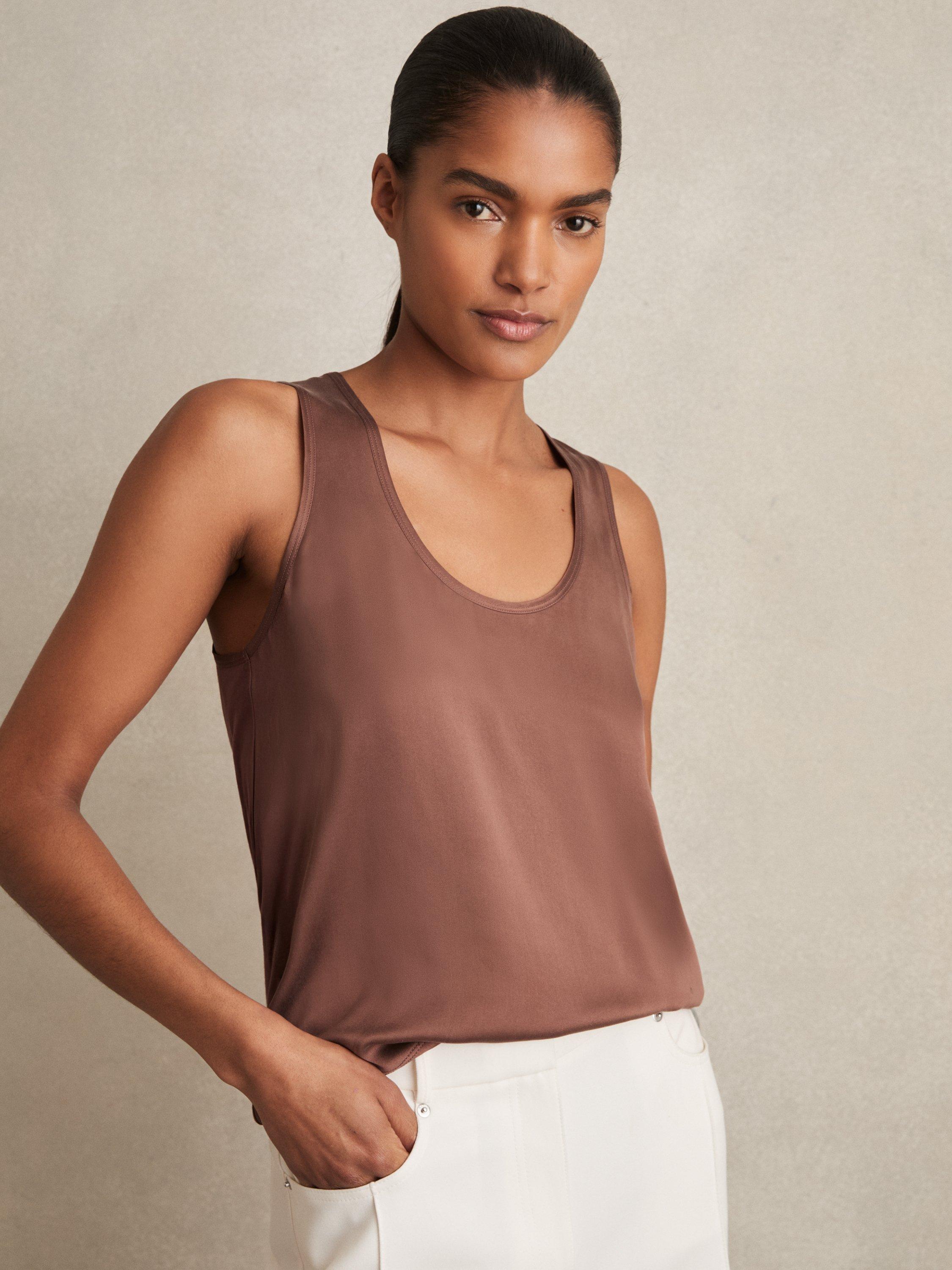 Product image 4 of 5, which shows Reiss Ruby Silk Blend Front Vest Top, Mocha Brown, XS