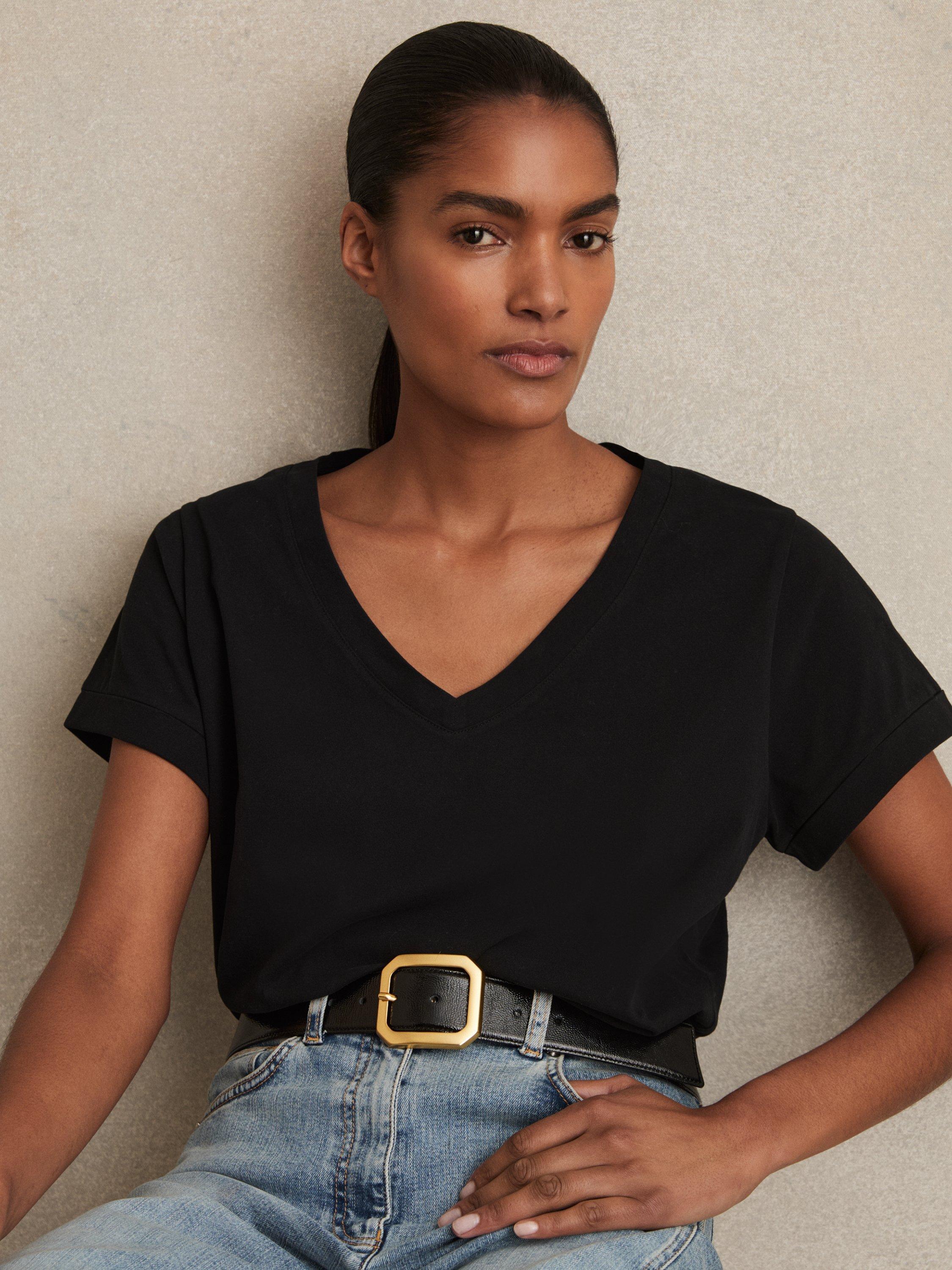 Product image 1 of 5, which shows Reiss Luna V-Neck T-Shirt, Black, XS