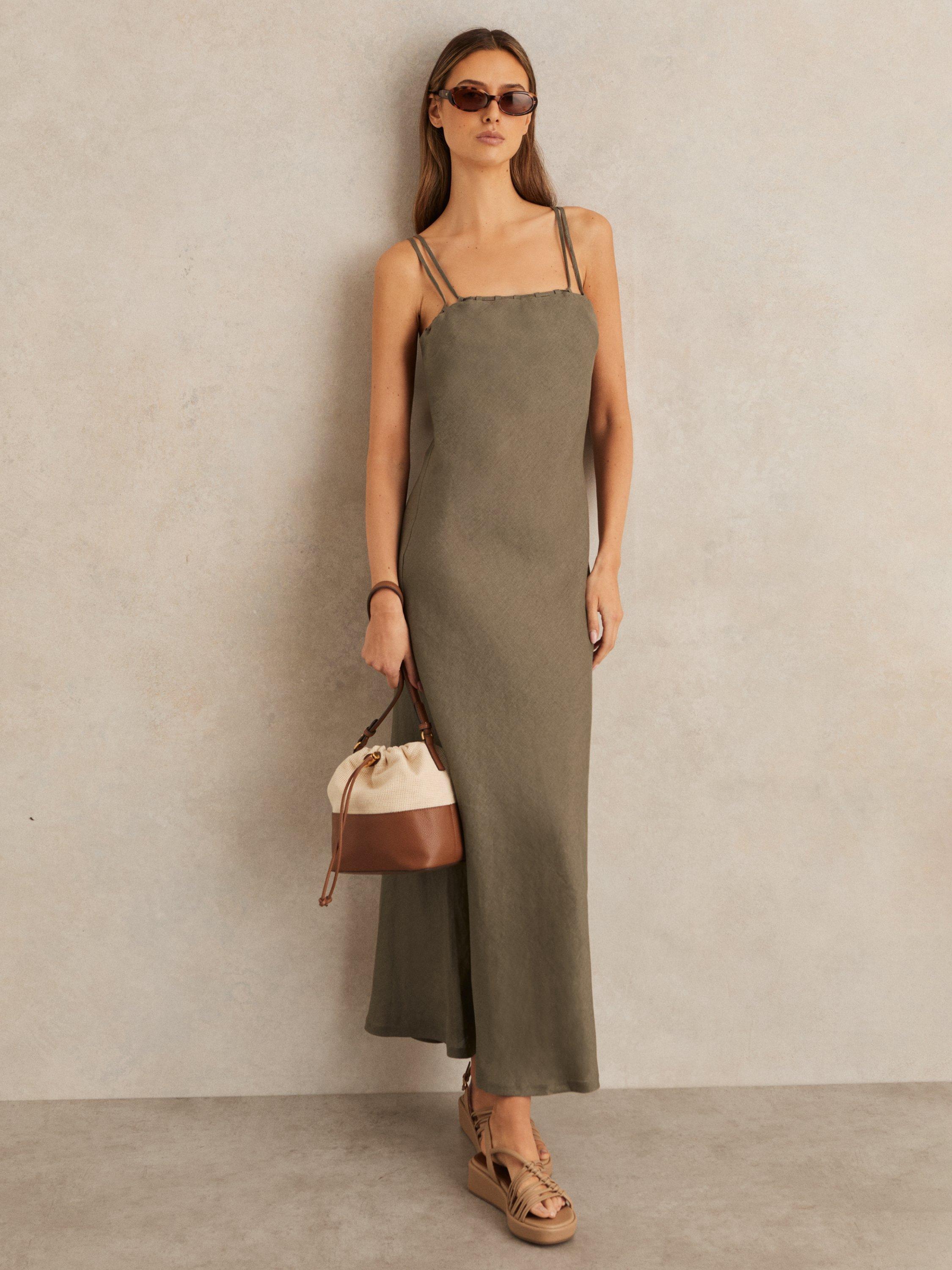 Product image 1 of 5, which shows Reiss Roxanne Strappy Pure Linen Maxi Dress, Khaki, 6