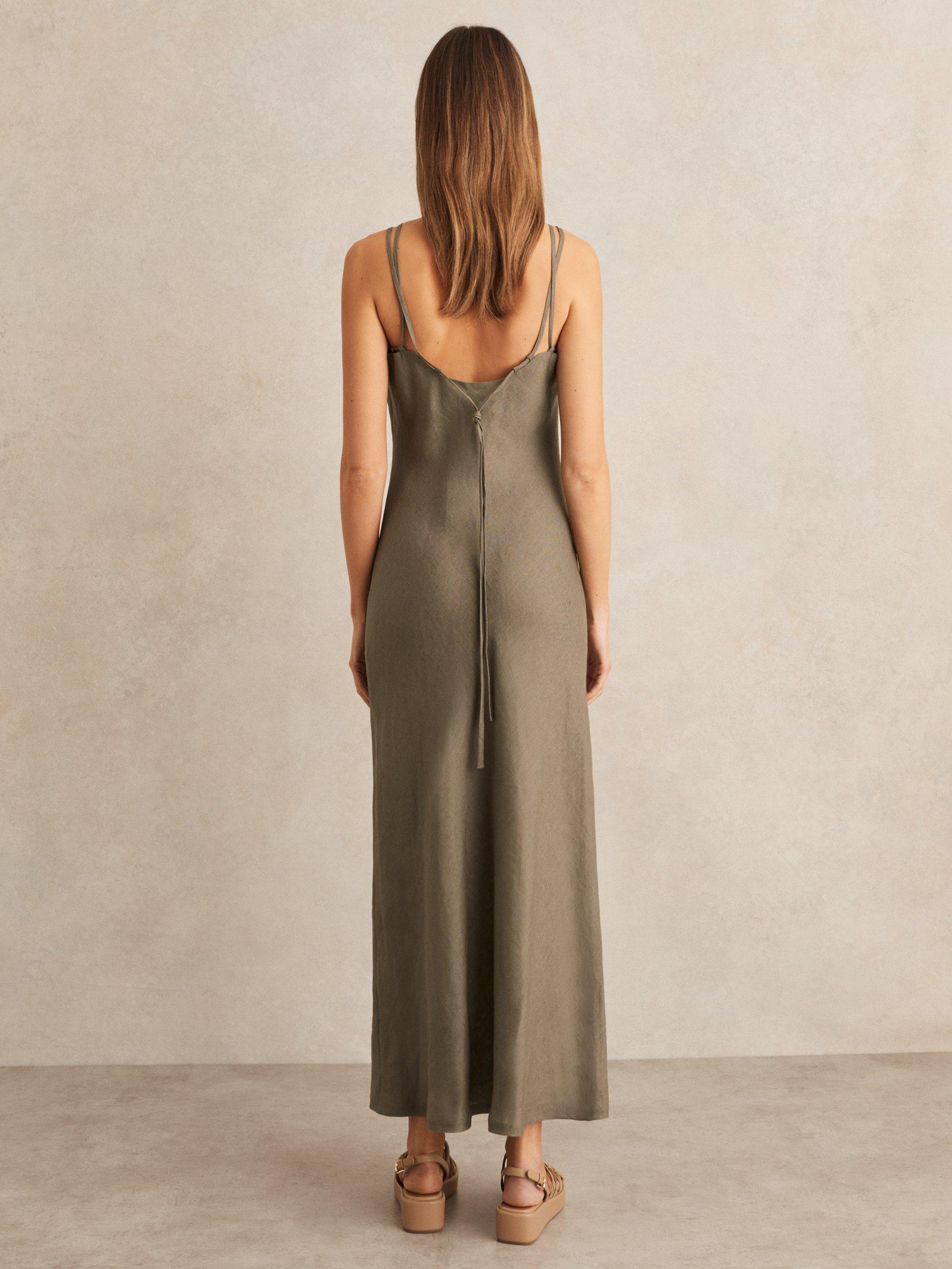 Product image 5 of 5, which shows Reiss Roxanne Strappy Pure Linen Maxi Dress, Khaki, 6