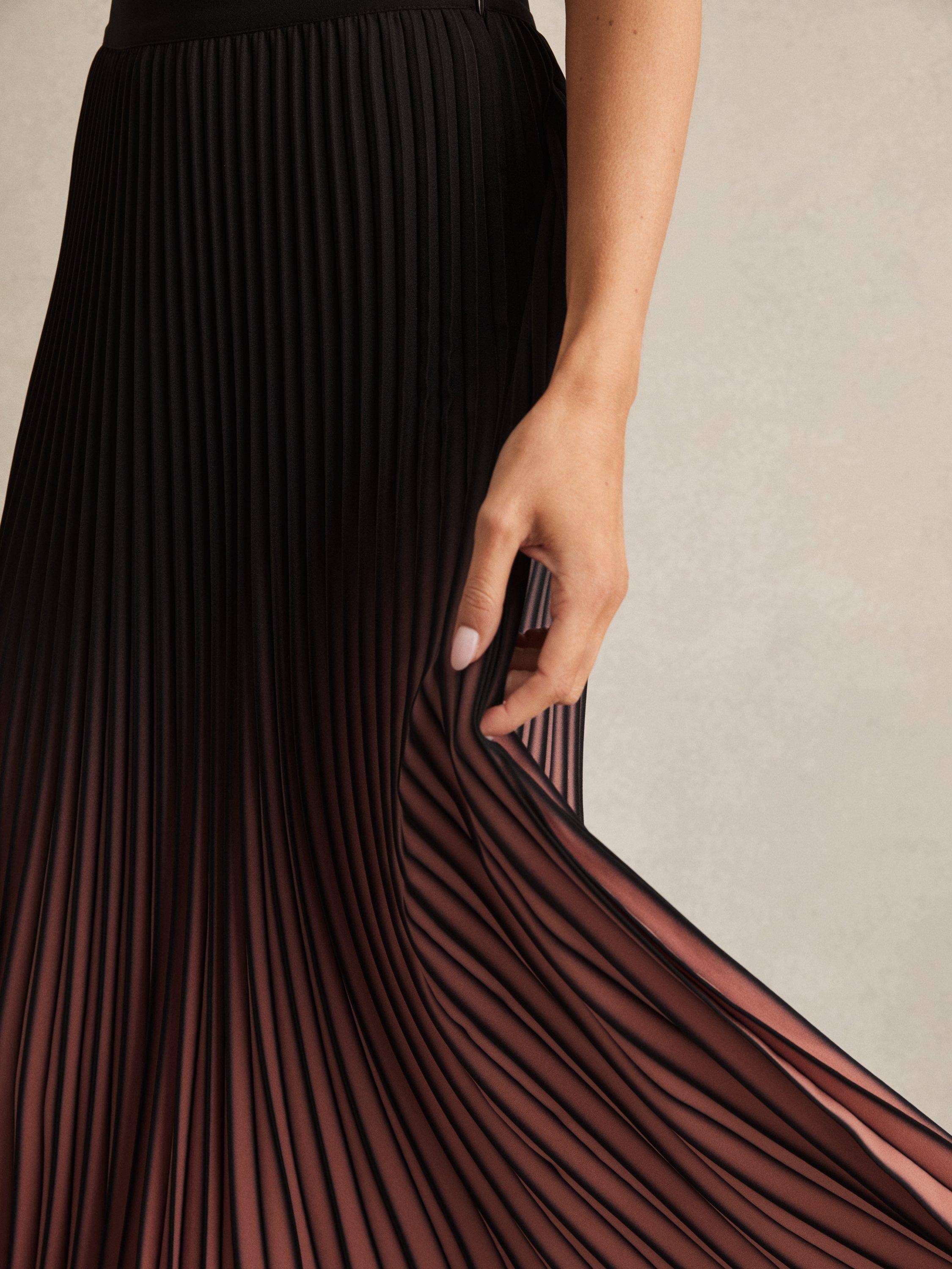 Product image 5 of 5, which shows Reiss Marlie Ombre Pleated Skirt, Black/Pink, 8