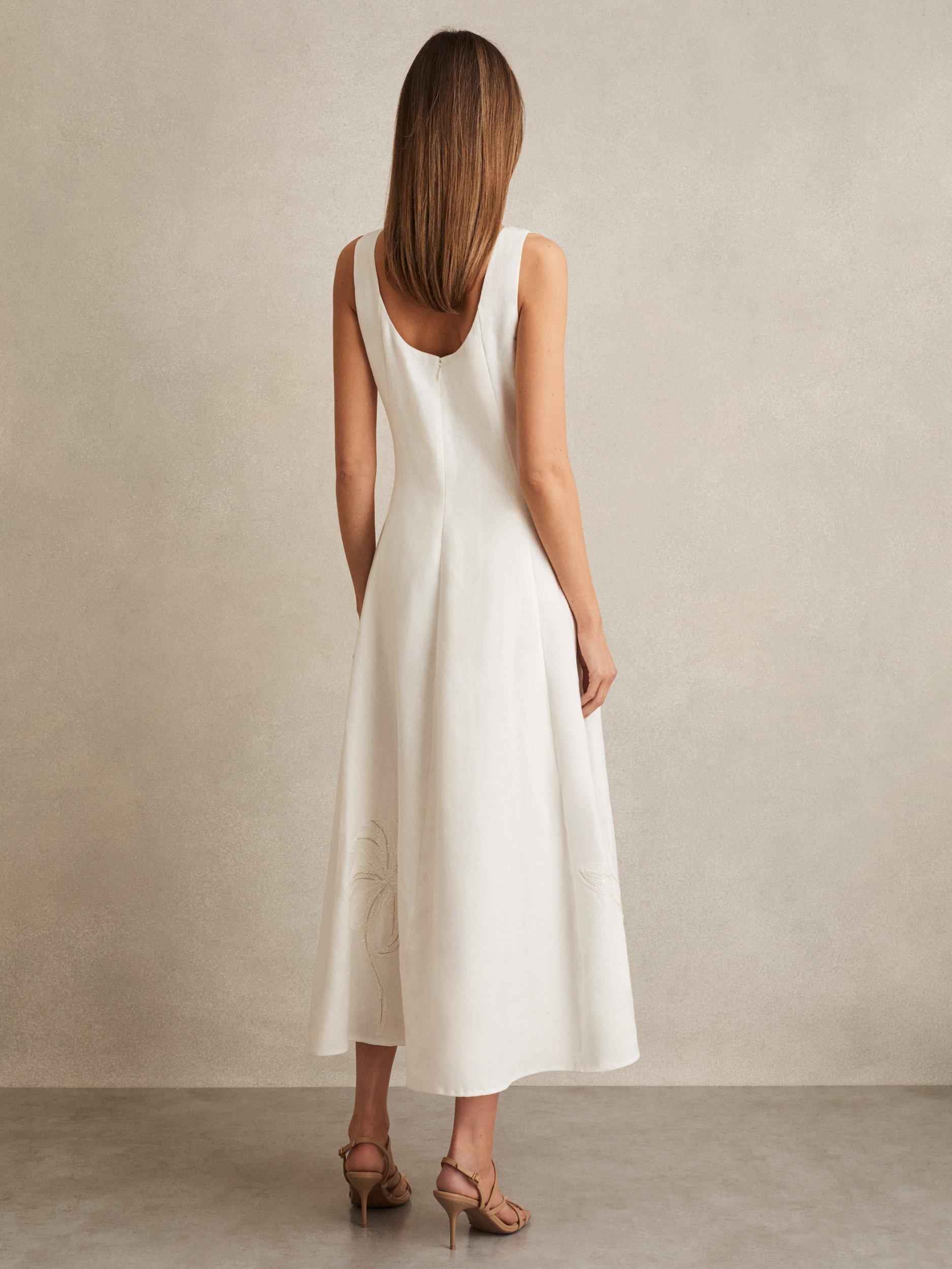 Product image 2 of 5, which shows Reiss Elise Embroidered Floral Pure Linen Dress, Ivory, 6