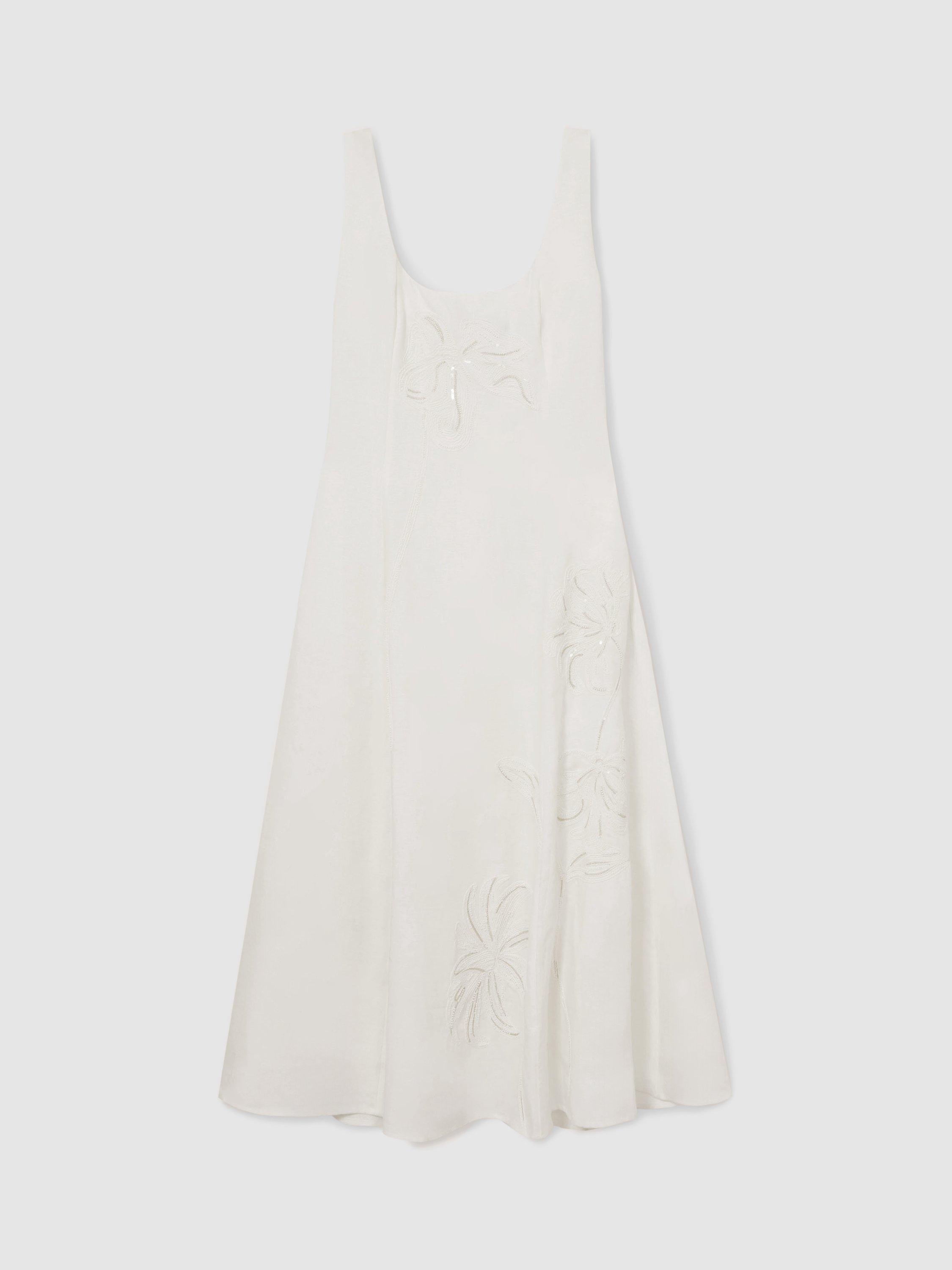Product image 3 of 5, which shows Reiss Elise Embroidered Floral Pure Linen Dress, Ivory, 6