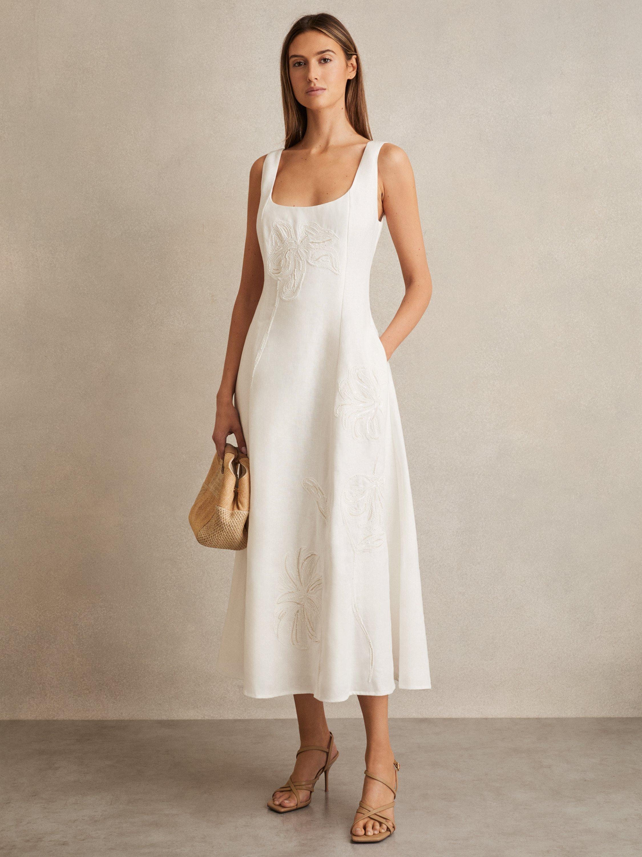 Product image 4 of 5, which shows Reiss Elise Embroidered Floral Pure Linen Dress, Ivory, 6