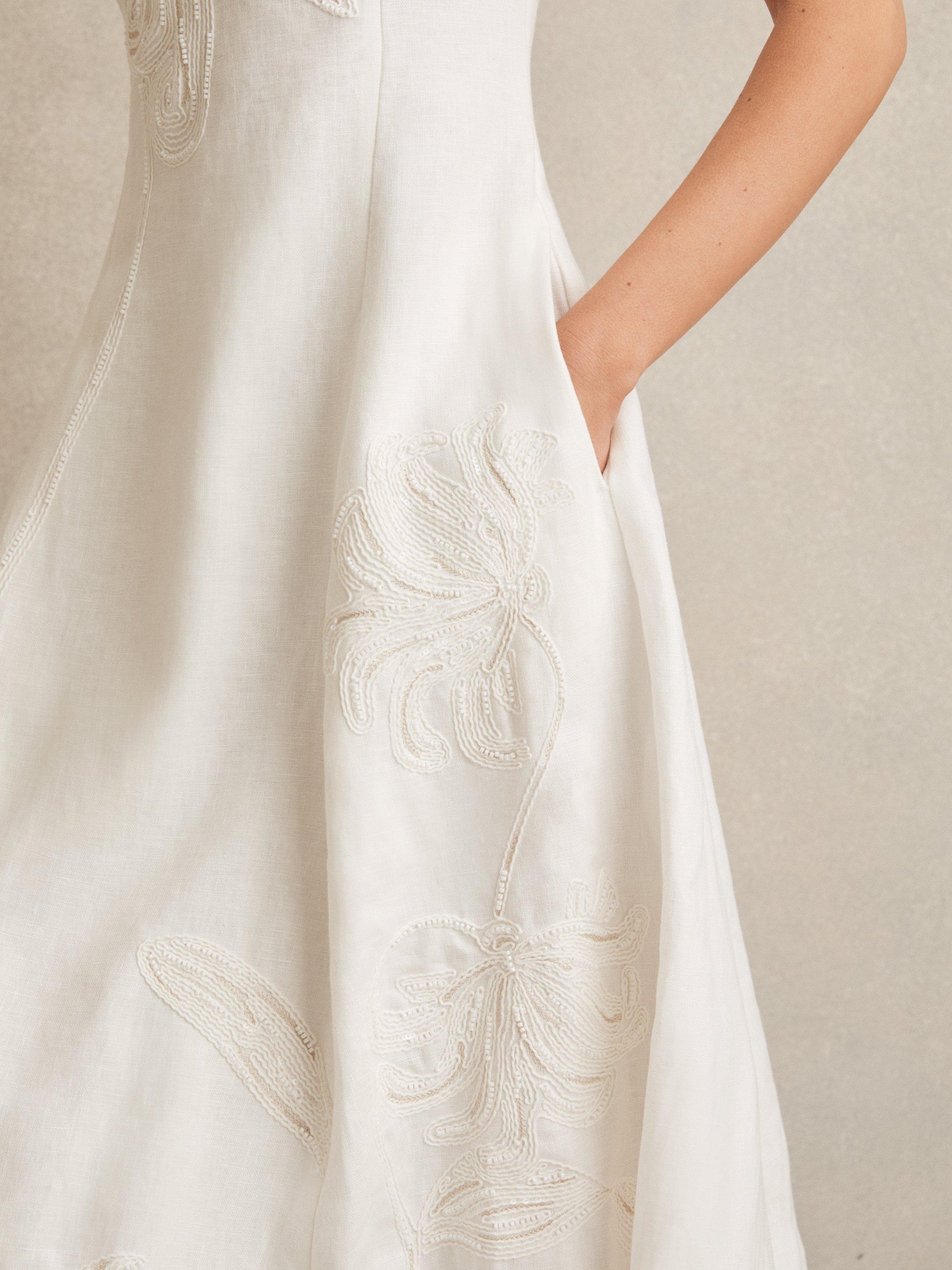 Product image 5 of 5, which shows Reiss Elise Embroidered Floral Pure Linen Dress, Ivory, 6