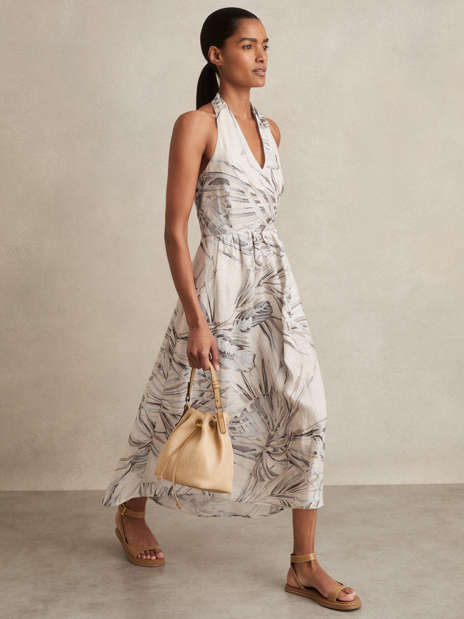 Product image 1 of 5, which shows Reiss Carla Palm Print Halterneck Dress, Neutral, 6