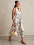 Reiss Carla Palm Print Halterneck Dress, Neutral