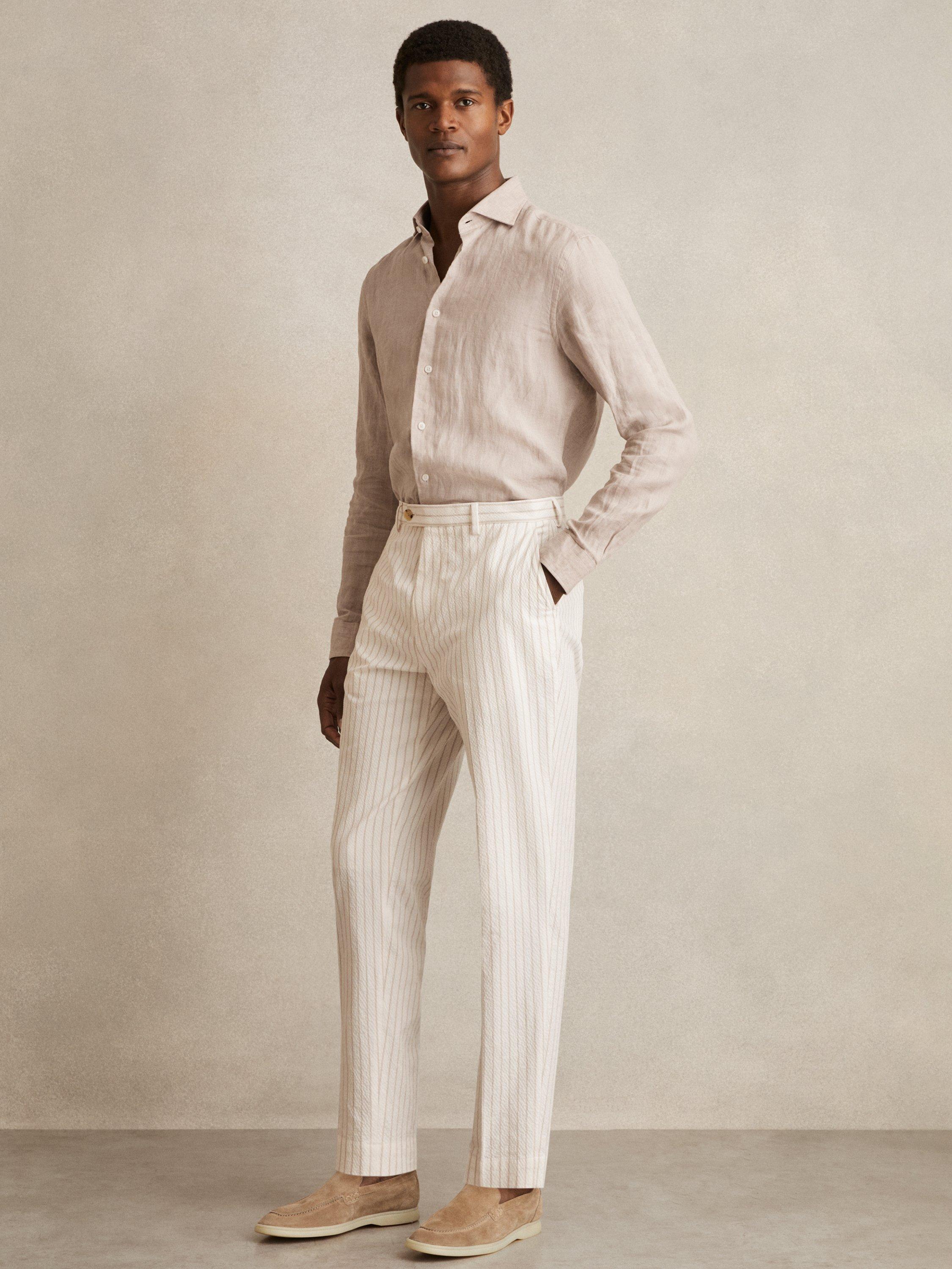 Product image 1 of 5, which shows Reiss Easton Striped Cotton Blend Suit Trousers, White/Multi, 28R