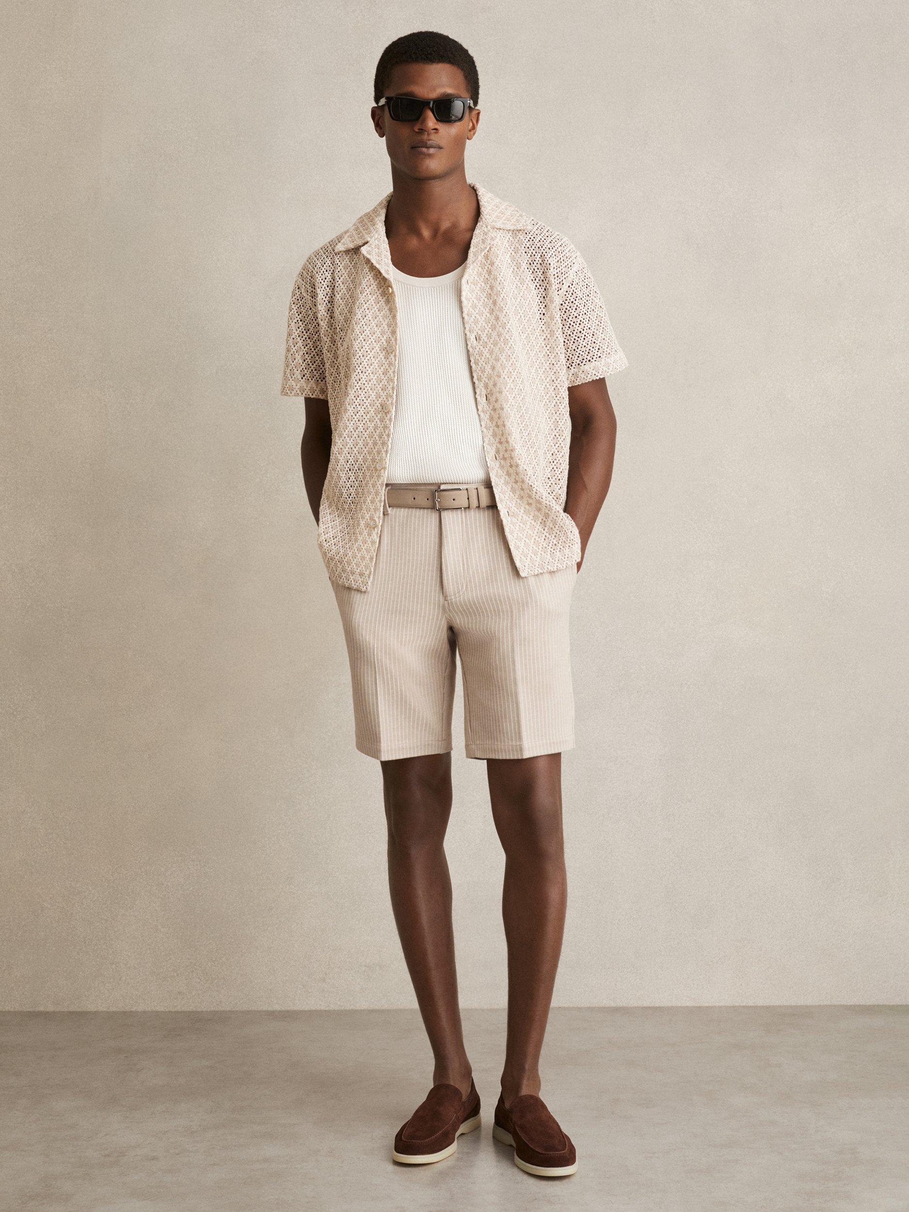 Product image 1 of 5, which shows Reiss Pin Cotton Blend Pinstripe Shorts, Oatmeal/White, 28R