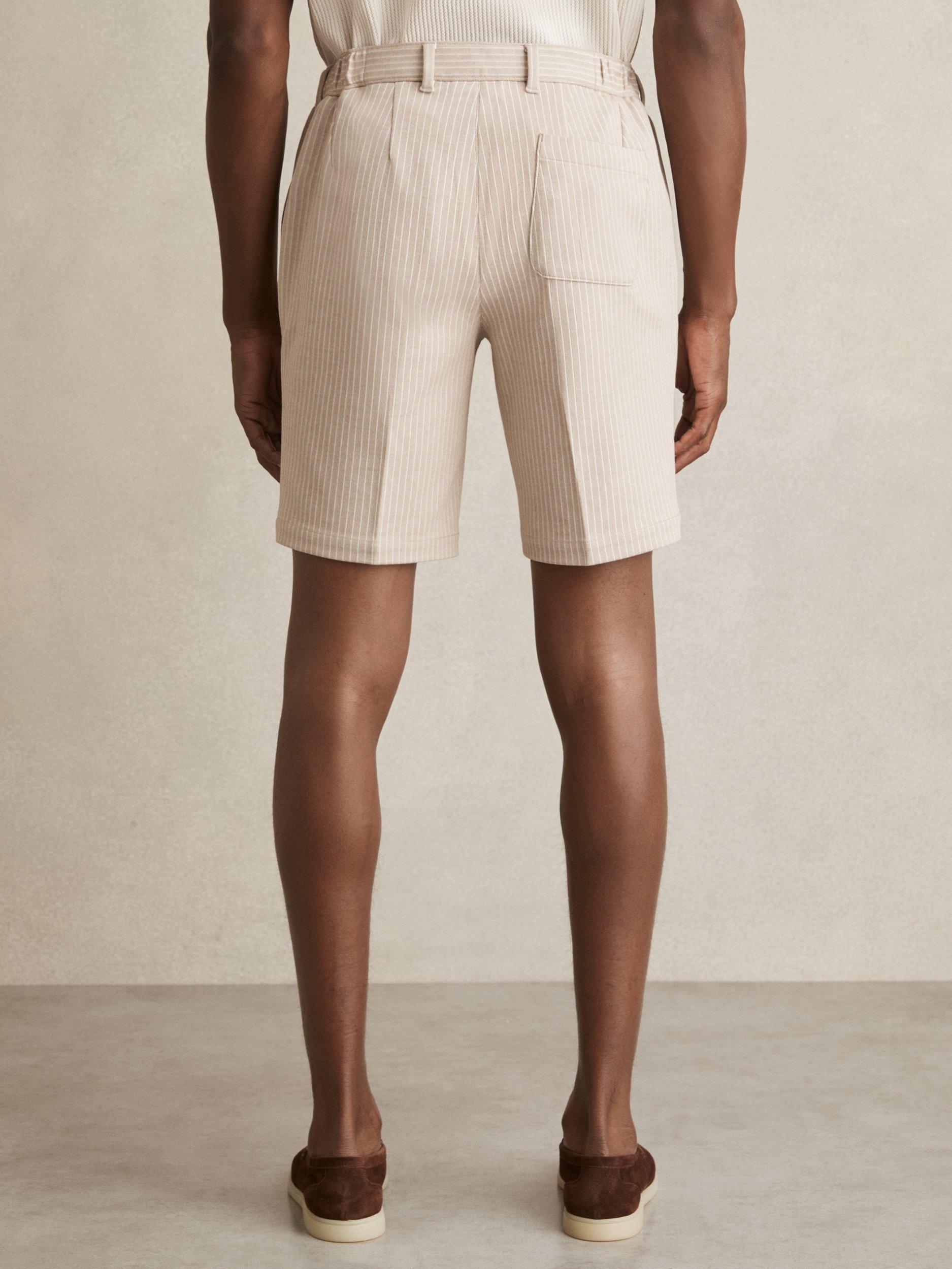 Product image 2 of 5, which shows Reiss Pin Cotton Blend Pinstripe Shorts, Oatmeal/White, 28R