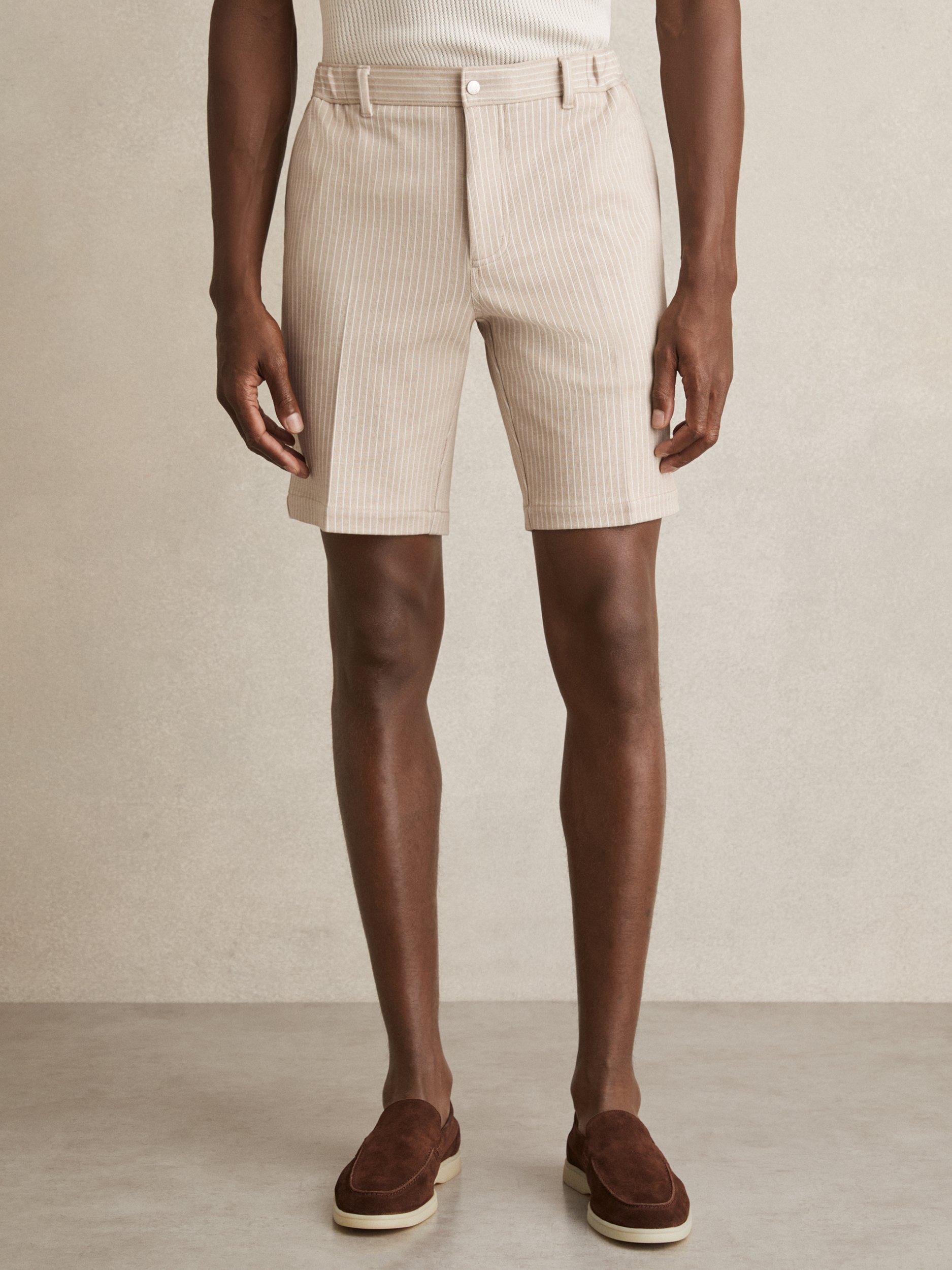 Product image 4 of 5, which shows Reiss Pin Cotton Blend Pinstripe Shorts, Oatmeal/White, 28R