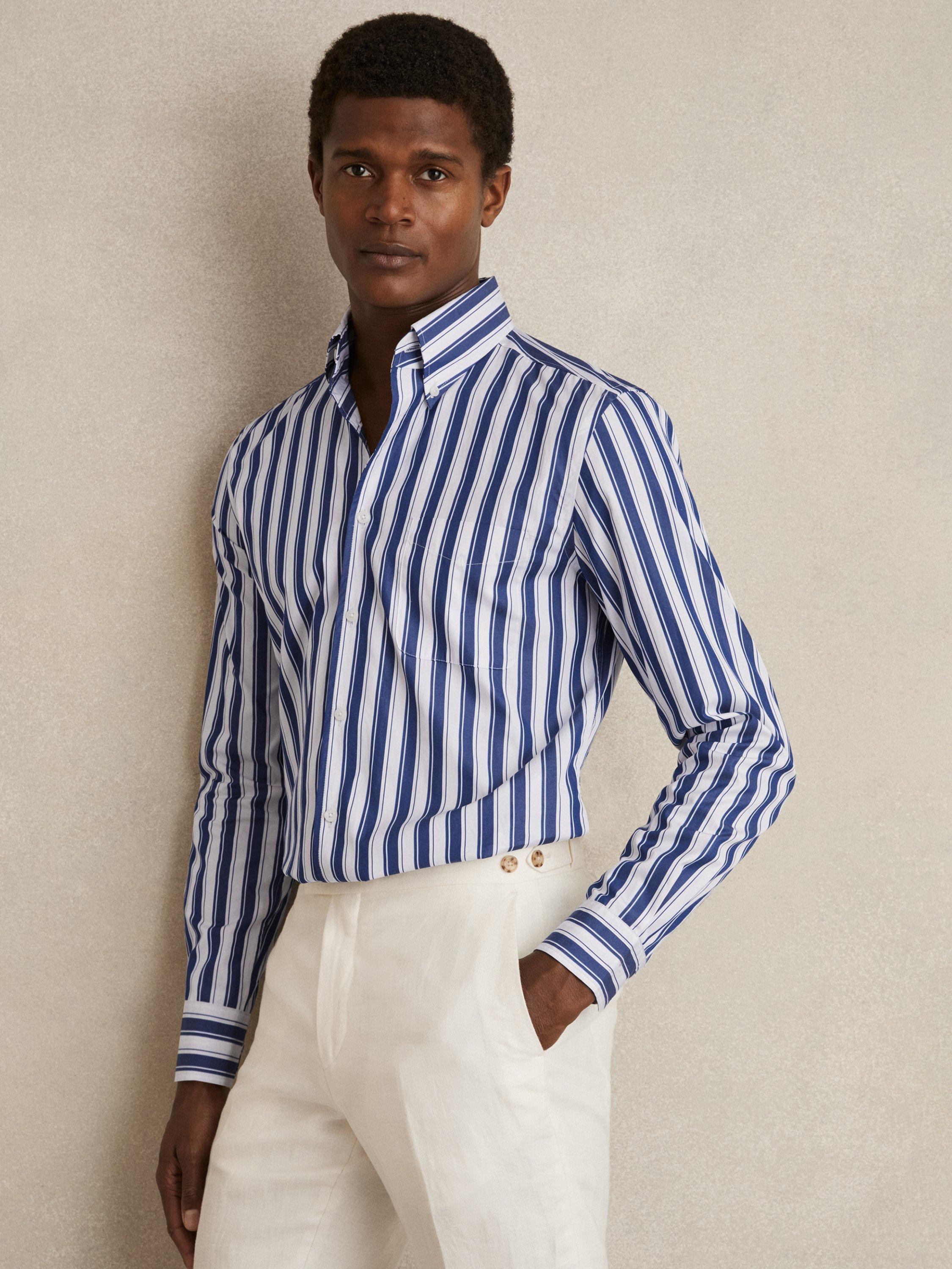 Product image 1 of 5, which shows Reiss Xeno Cotton Stripe Shirt, White/Blue, S