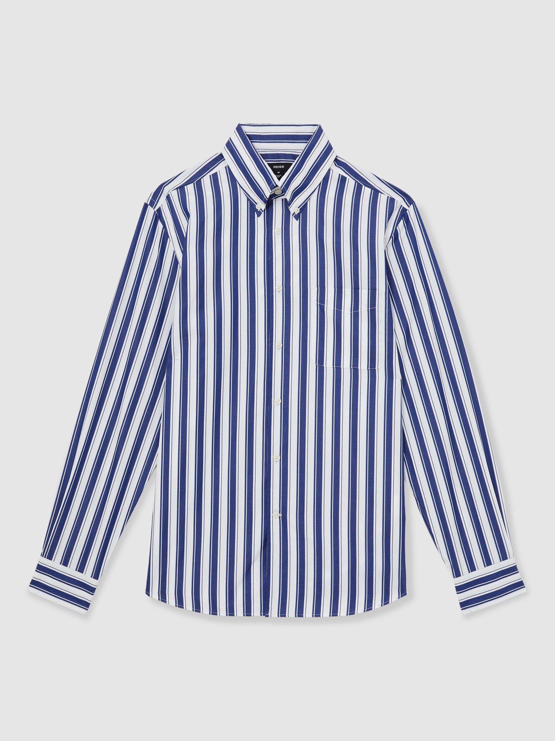 Product image 3 of 5, which shows Reiss Xeno Cotton Stripe Shirt, White/Blue, S