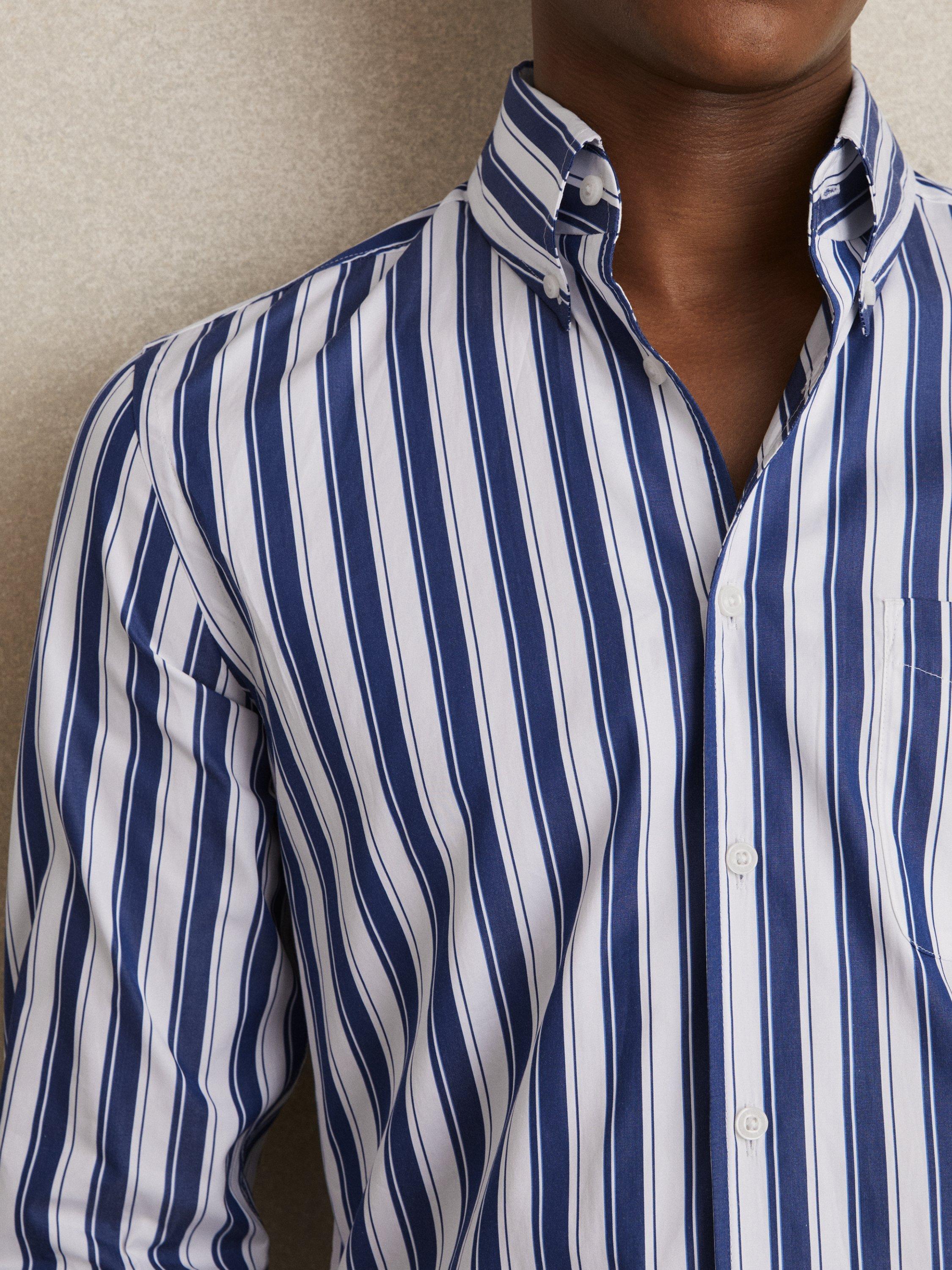 Product image 5 of 5, which shows Reiss Xeno Cotton Stripe Shirt, White/Blue, S