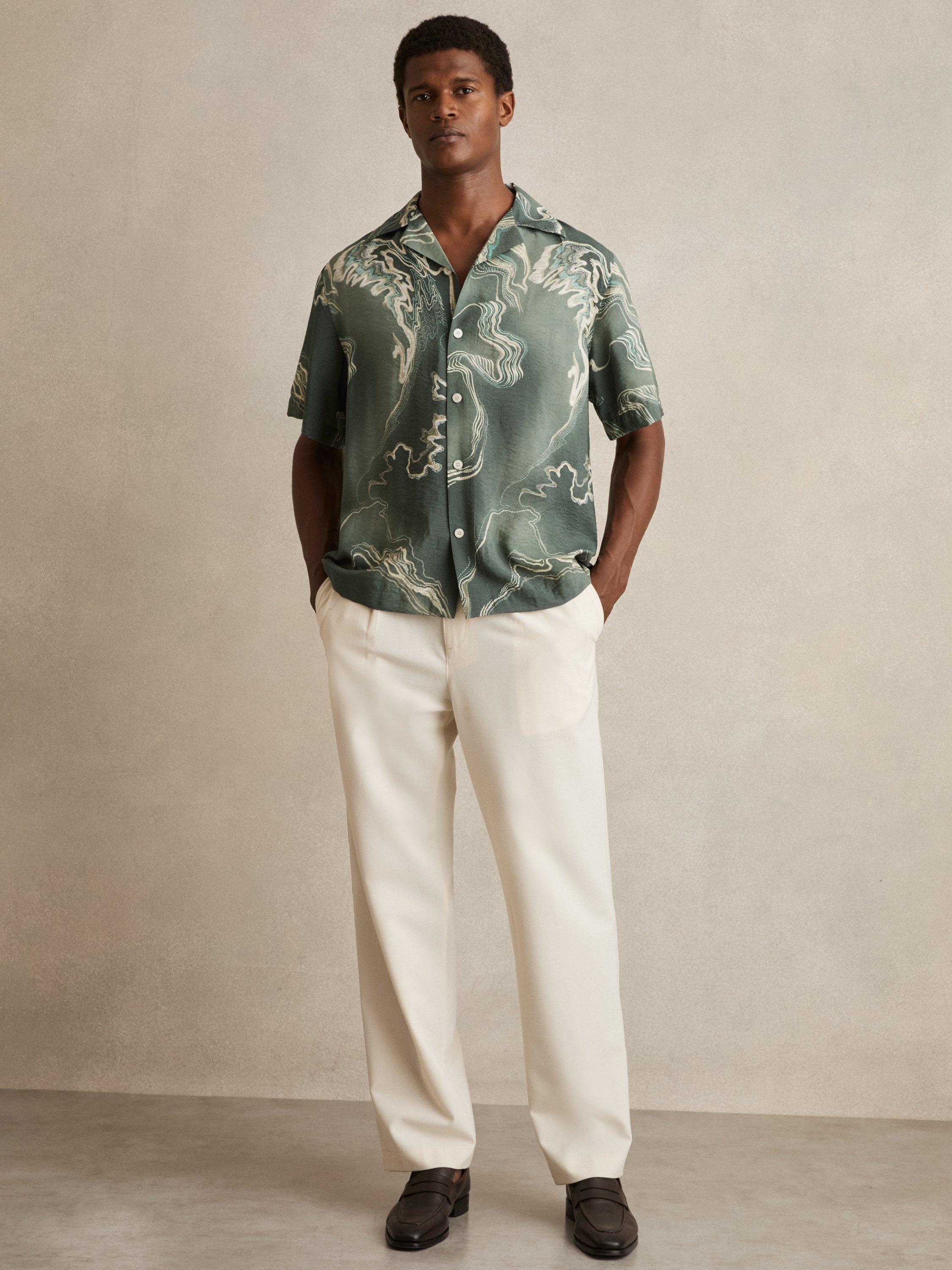 Product image 1 of 5, which shows Reiss Marble Short Sleeved Cuban Collar Shirt, Sage Green, XS