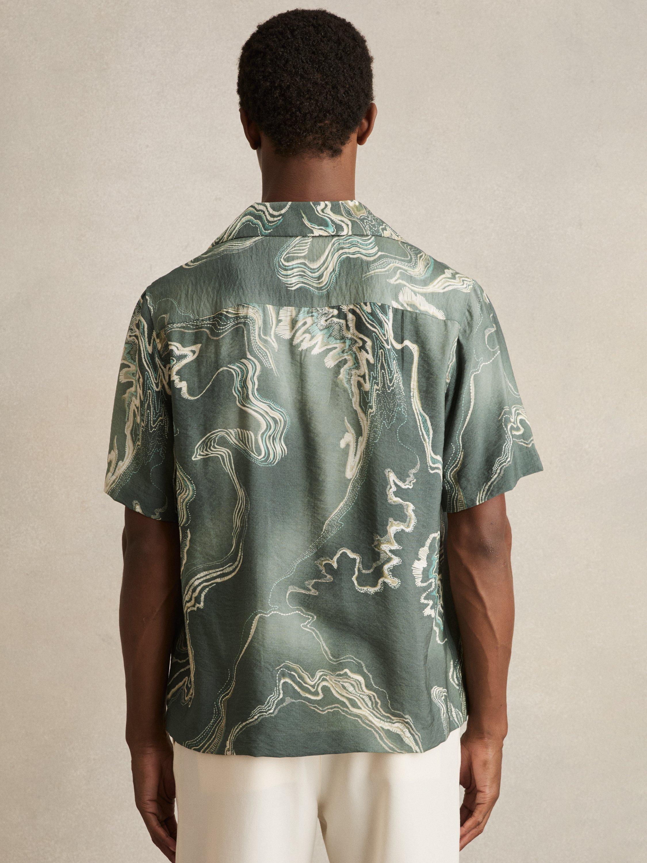 Product image 2 of 5, which shows Reiss Marble Short Sleeved Cuban Collar Shirt, Sage Green, XS