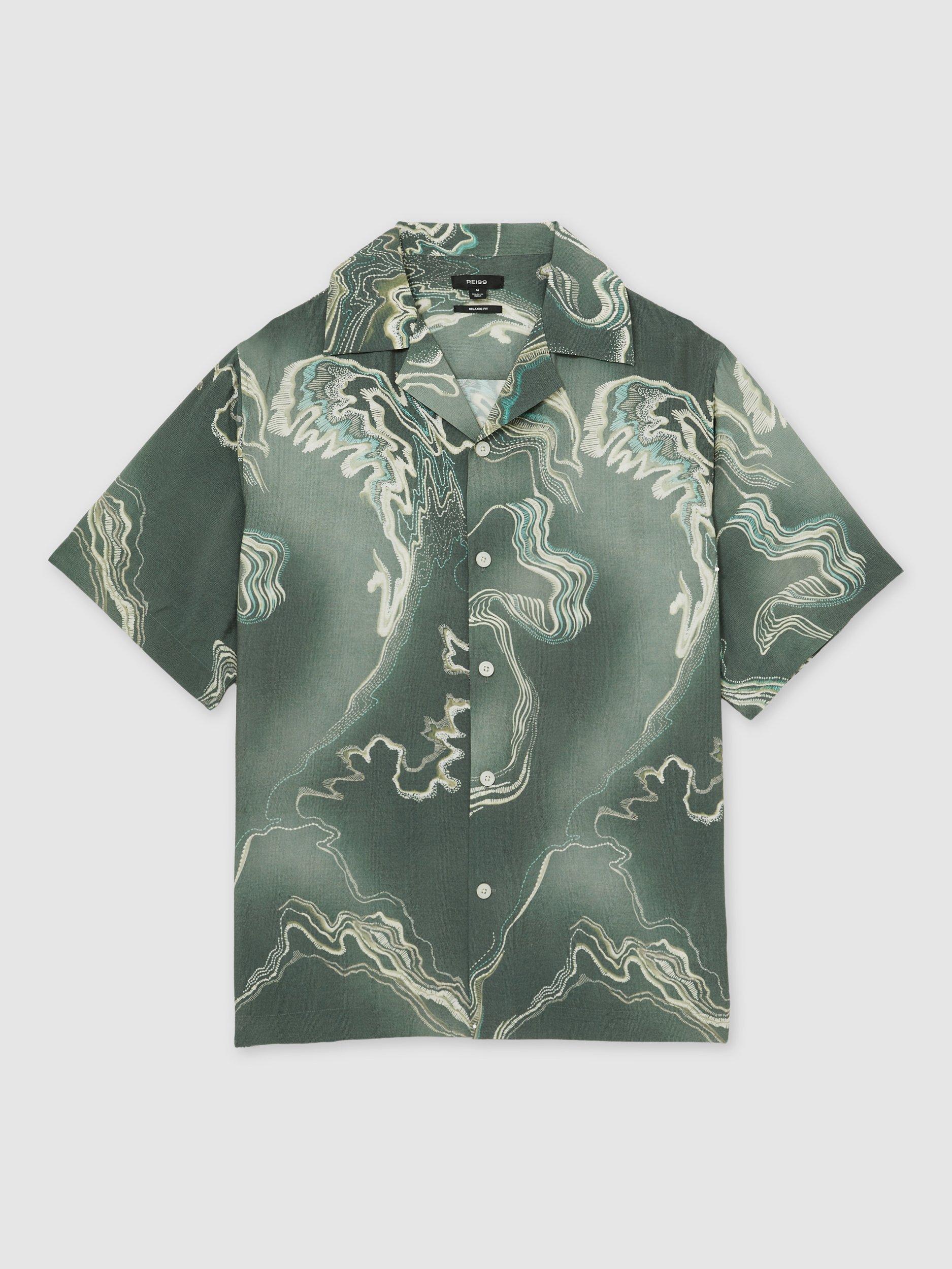 Product image 3 of 5, which shows Reiss Marble Short Sleeved Cuban Collar Shirt, Sage Green, XS