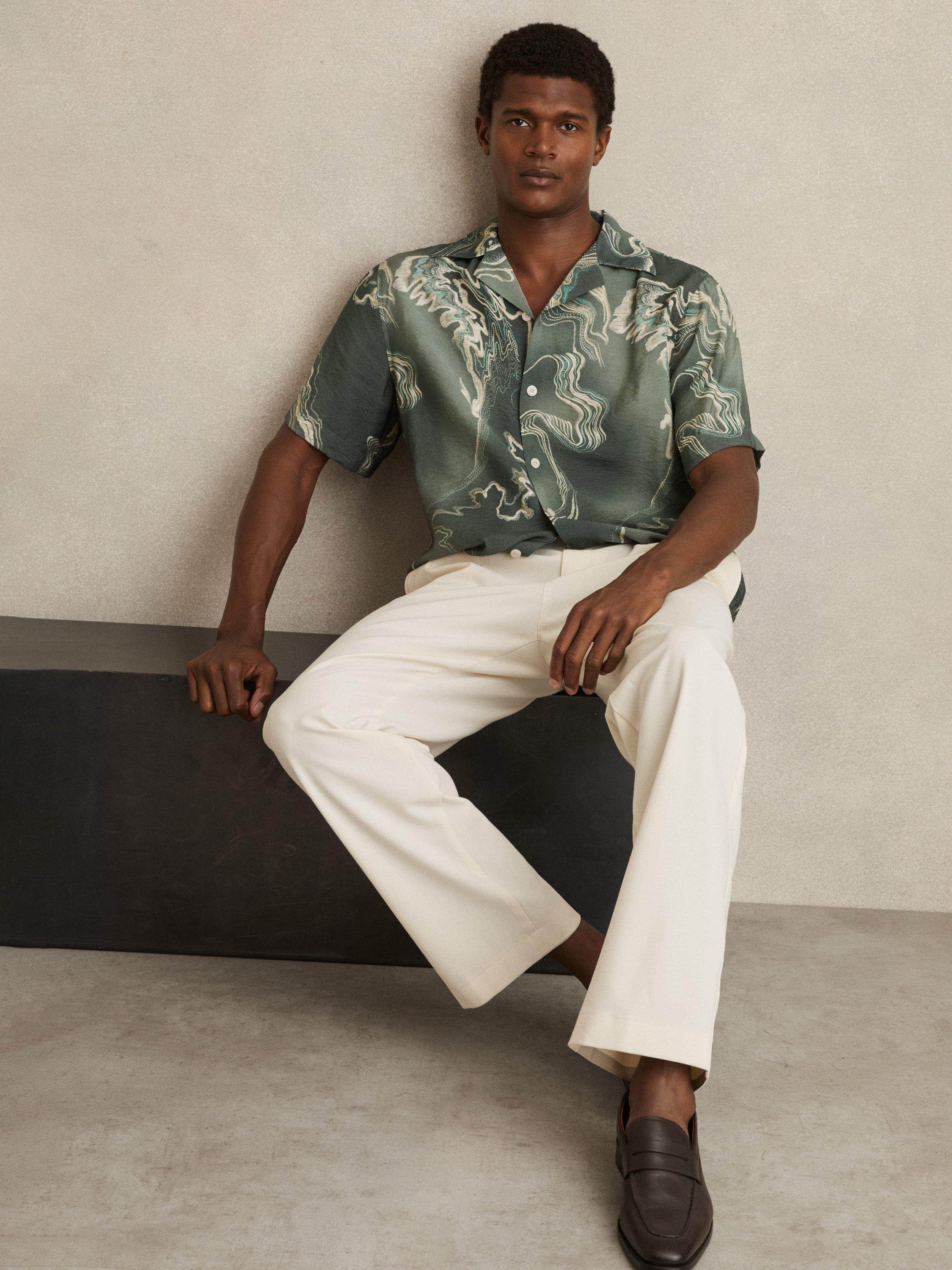Product image 4 of 5, which shows Reiss Marble Short Sleeved Cuban Collar Shirt, Sage Green, XS