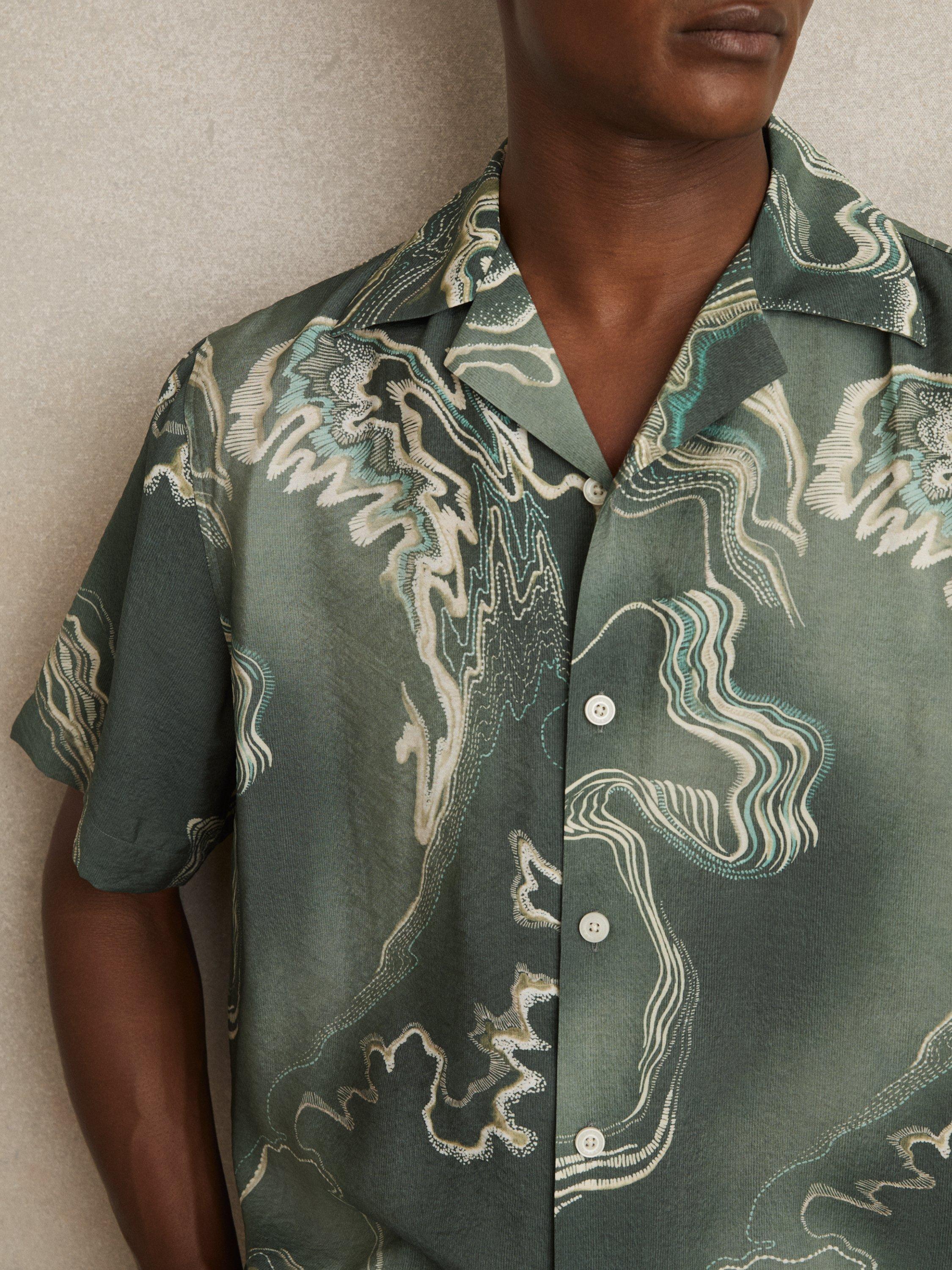 Product image 5 of 5, which shows Reiss Marble Short Sleeved Cuban Collar Shirt, Sage Green, XS
