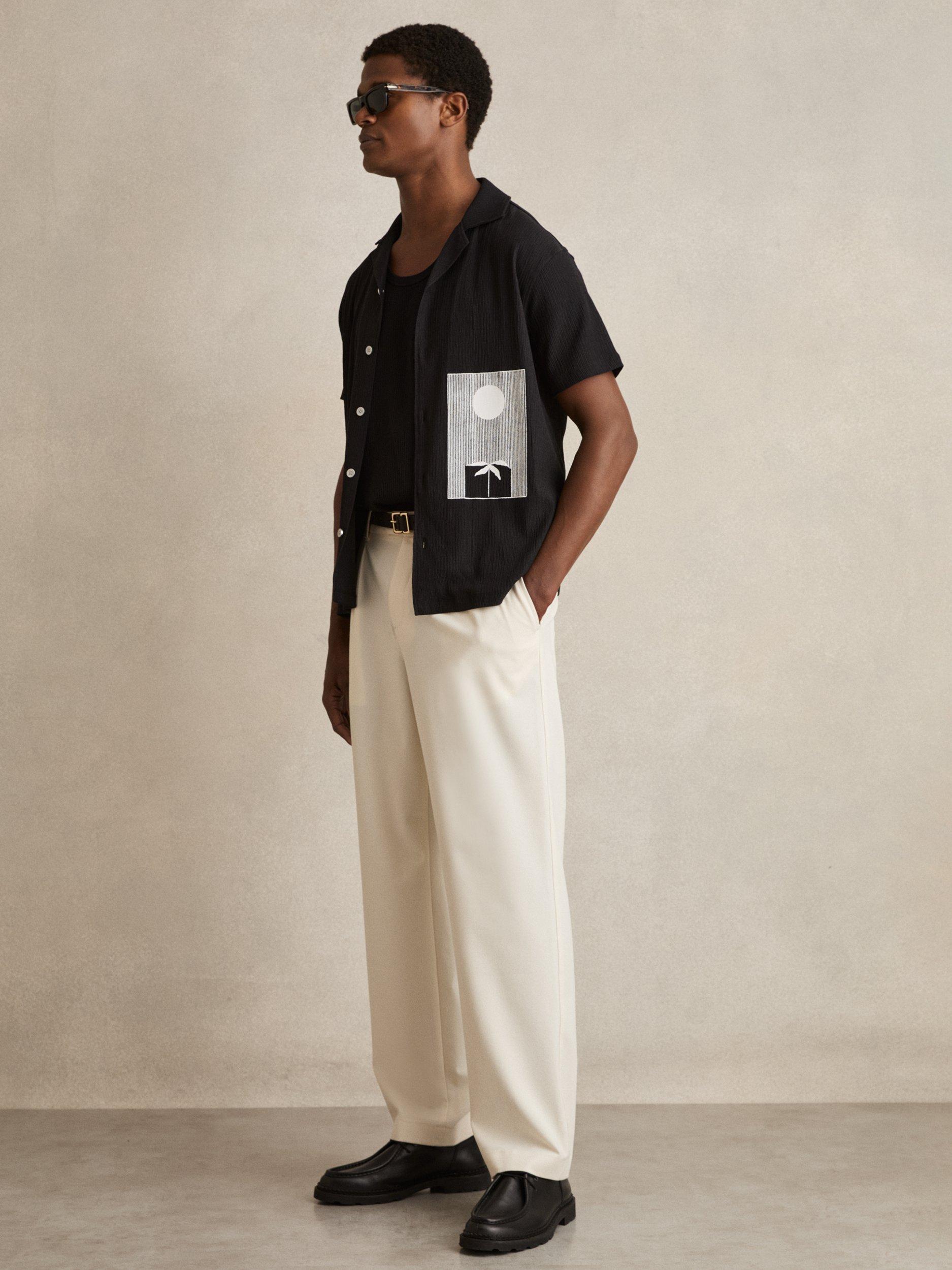 Product image 1 of 5, which shows Reiss Coast Short Sleeved Cuban Collar Shirt, Black, XS