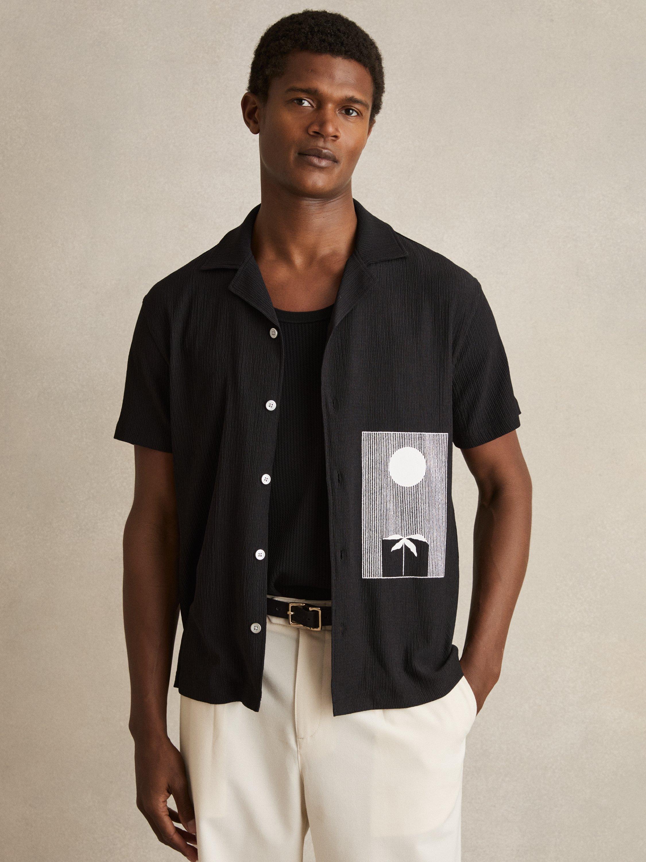 Product image 4 of 5, which shows Reiss Coast Short Sleeved Cuban Collar Shirt, Black, XS