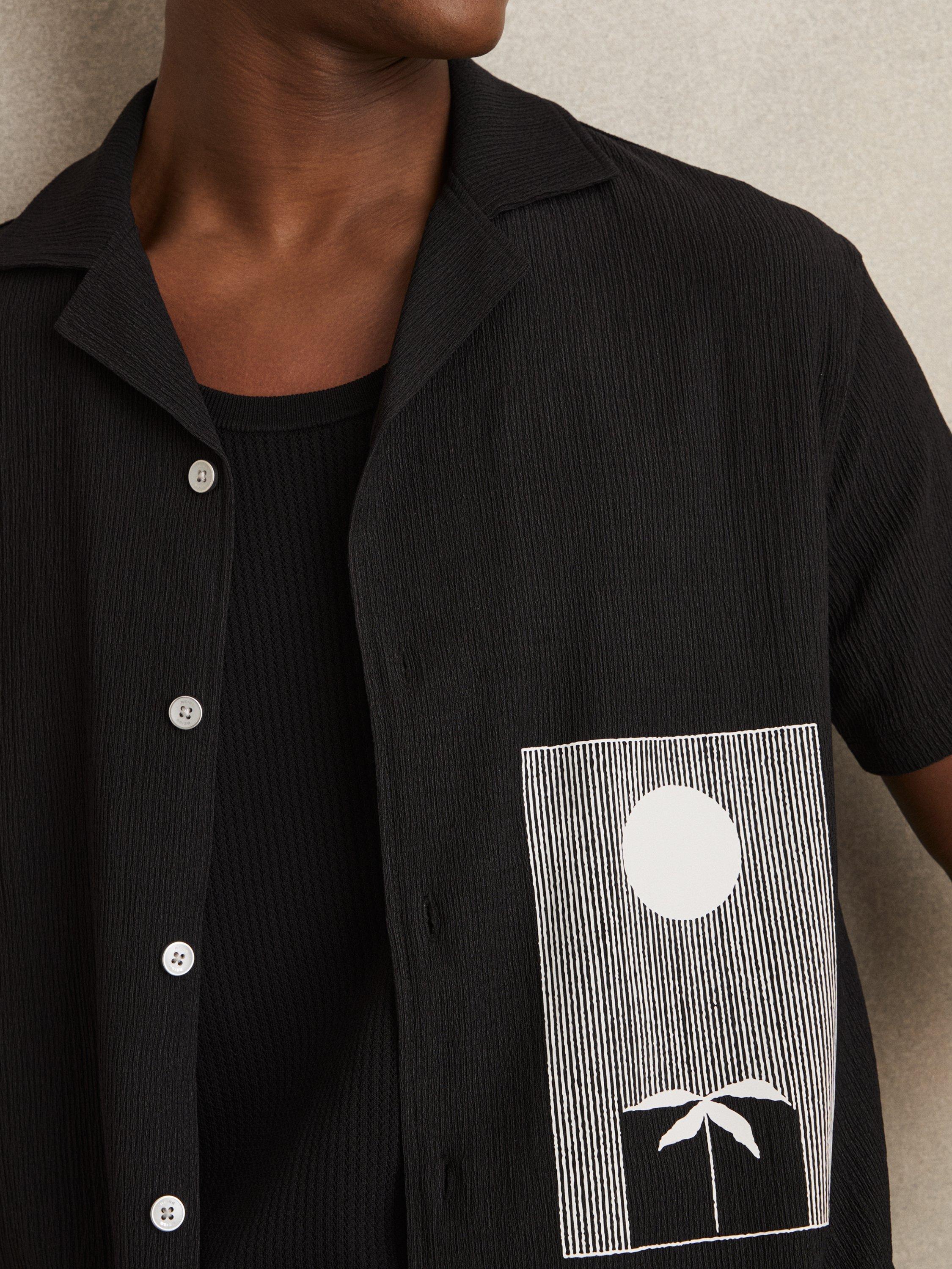 Product image 5 of 5, which shows Reiss Coast Short Sleeved Cuban Collar Shirt, Black, XS