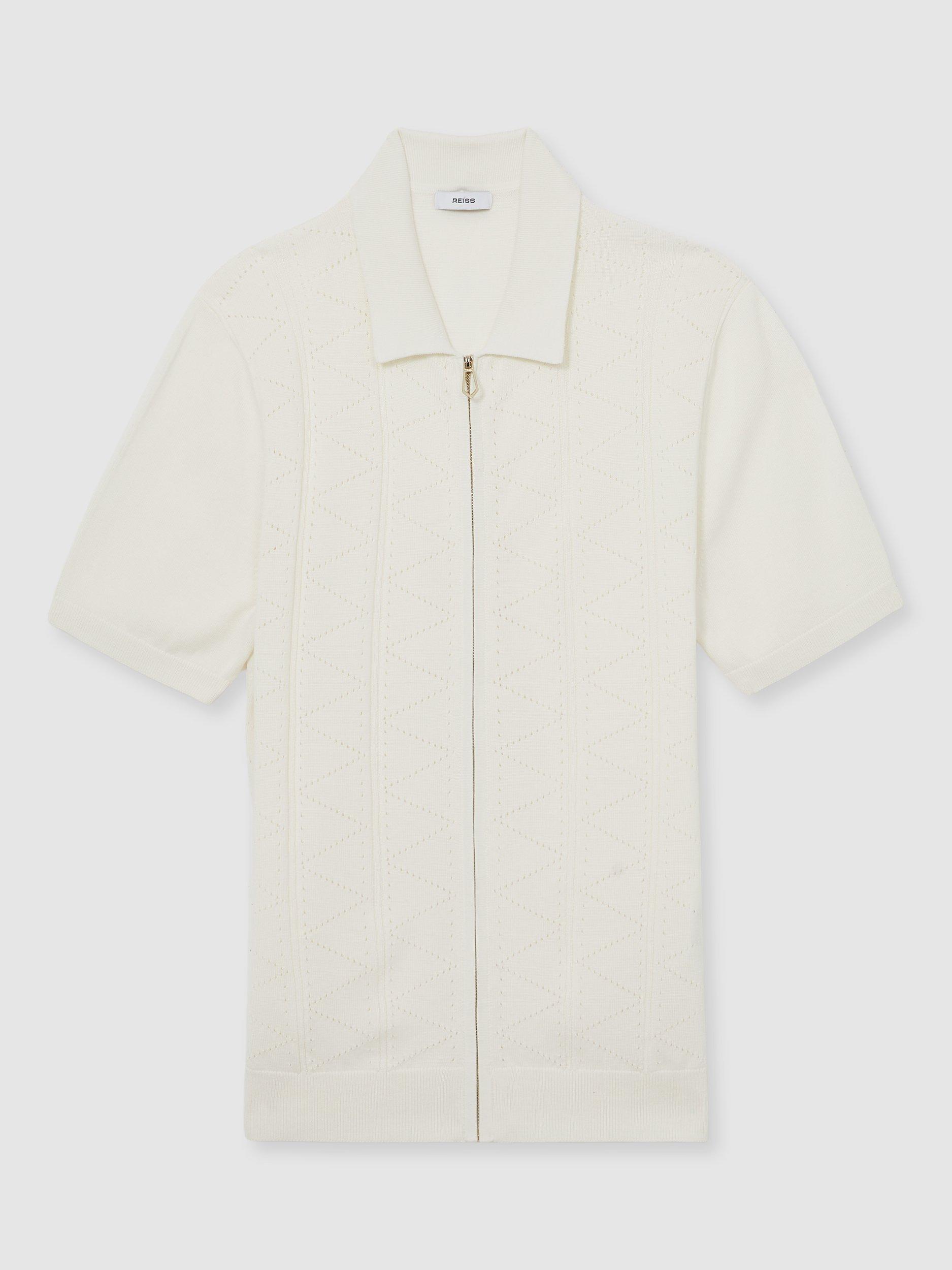 Product image 3 of 5, which shows Reiss Tay Cotton Blend Pointelle Knit Zip Through Shirt, White, S