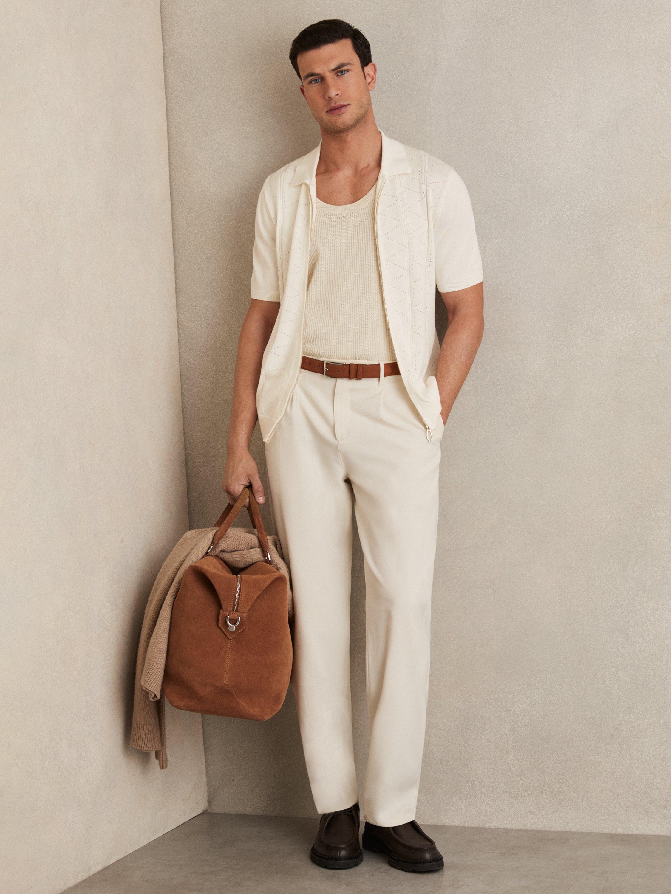 Product image 4 of 5, which shows Reiss Tay Cotton Blend Pointelle Knit Zip Through Shirt, White, S
