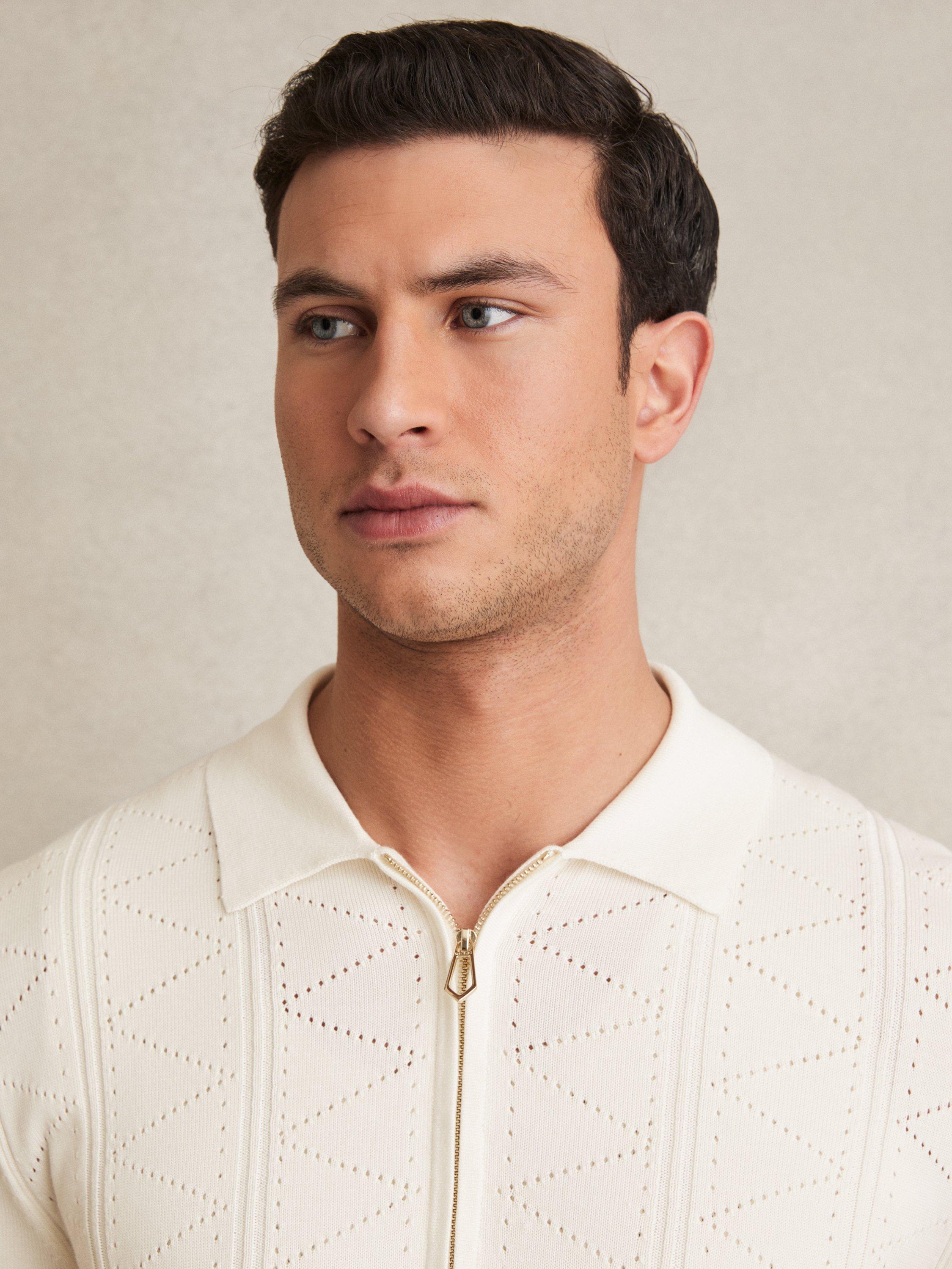 Product image 5 of 5, which shows Reiss Tay Cotton Blend Pointelle Knit Zip Through Shirt, White, S