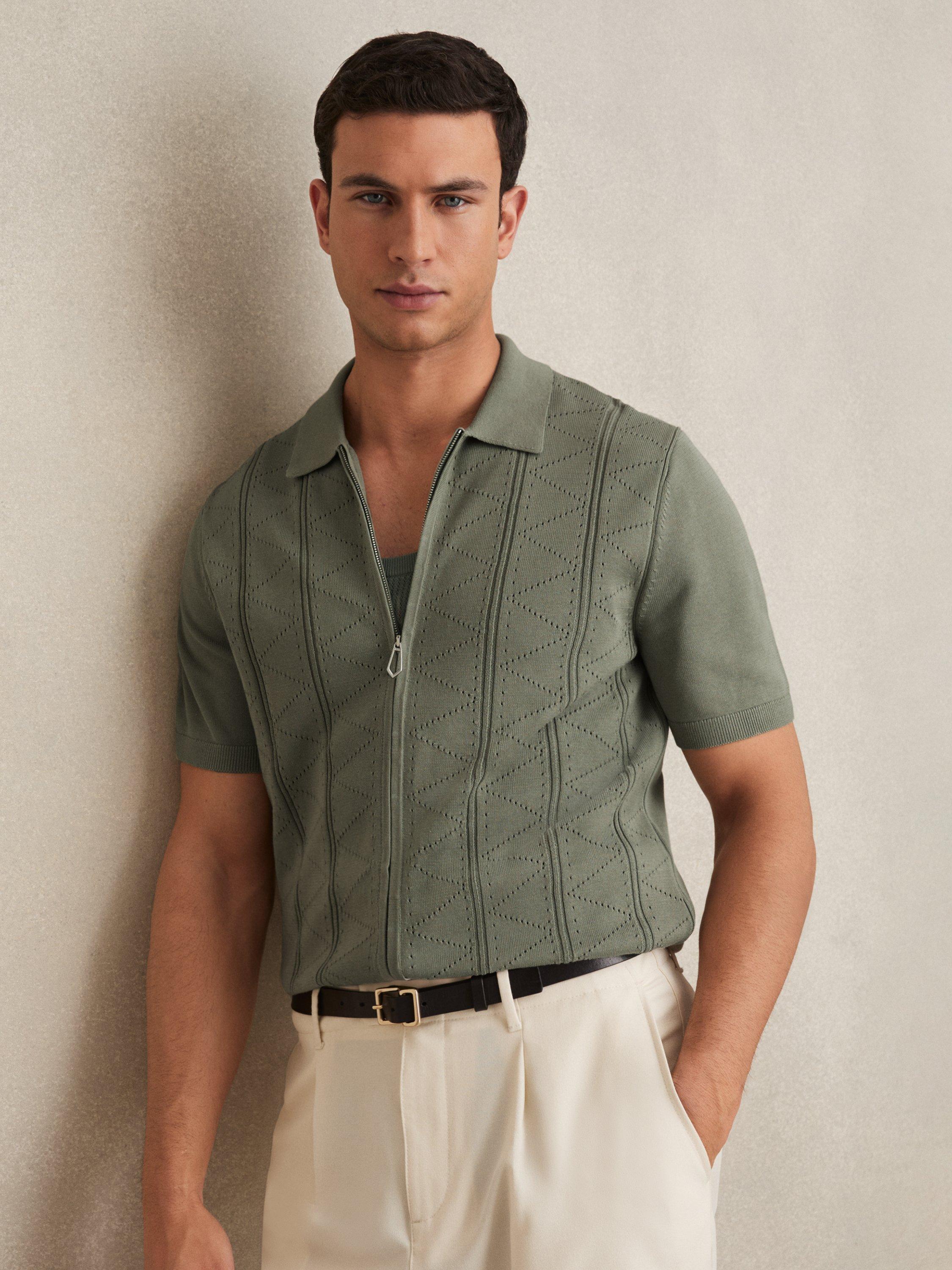 Product image 1 of 5, which shows Reiss Tay Cotton Blend Pointelle Knit Zip Through Shirt, Sage, M