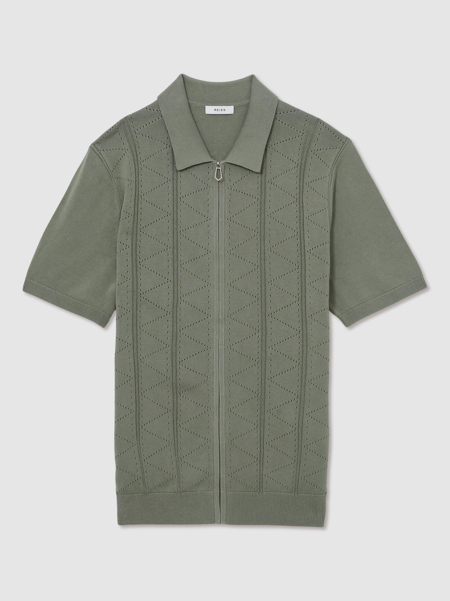 Product image 3 of 5, which shows Reiss Tay Cotton Blend Pointelle Knit Zip Through Shirt, Sage, M